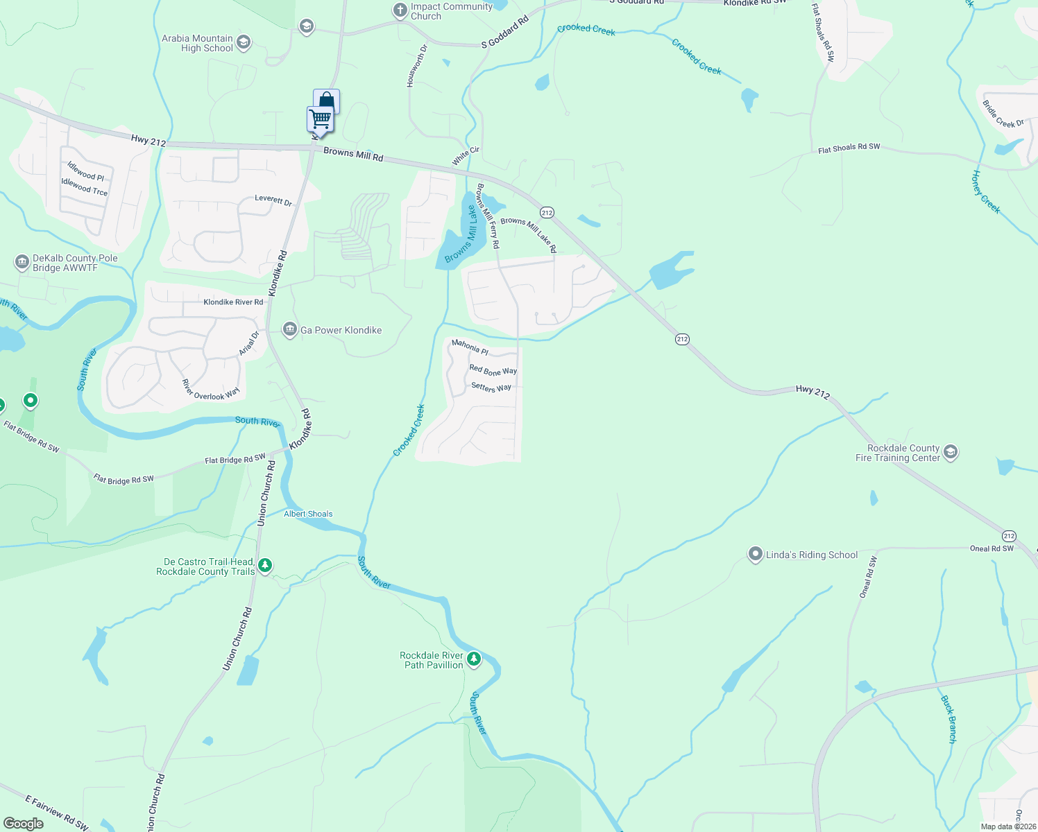 map of restaurants, bars, coffee shops, grocery stores, and more near 4880 Browns Mill Ferry Road in Stonecrest