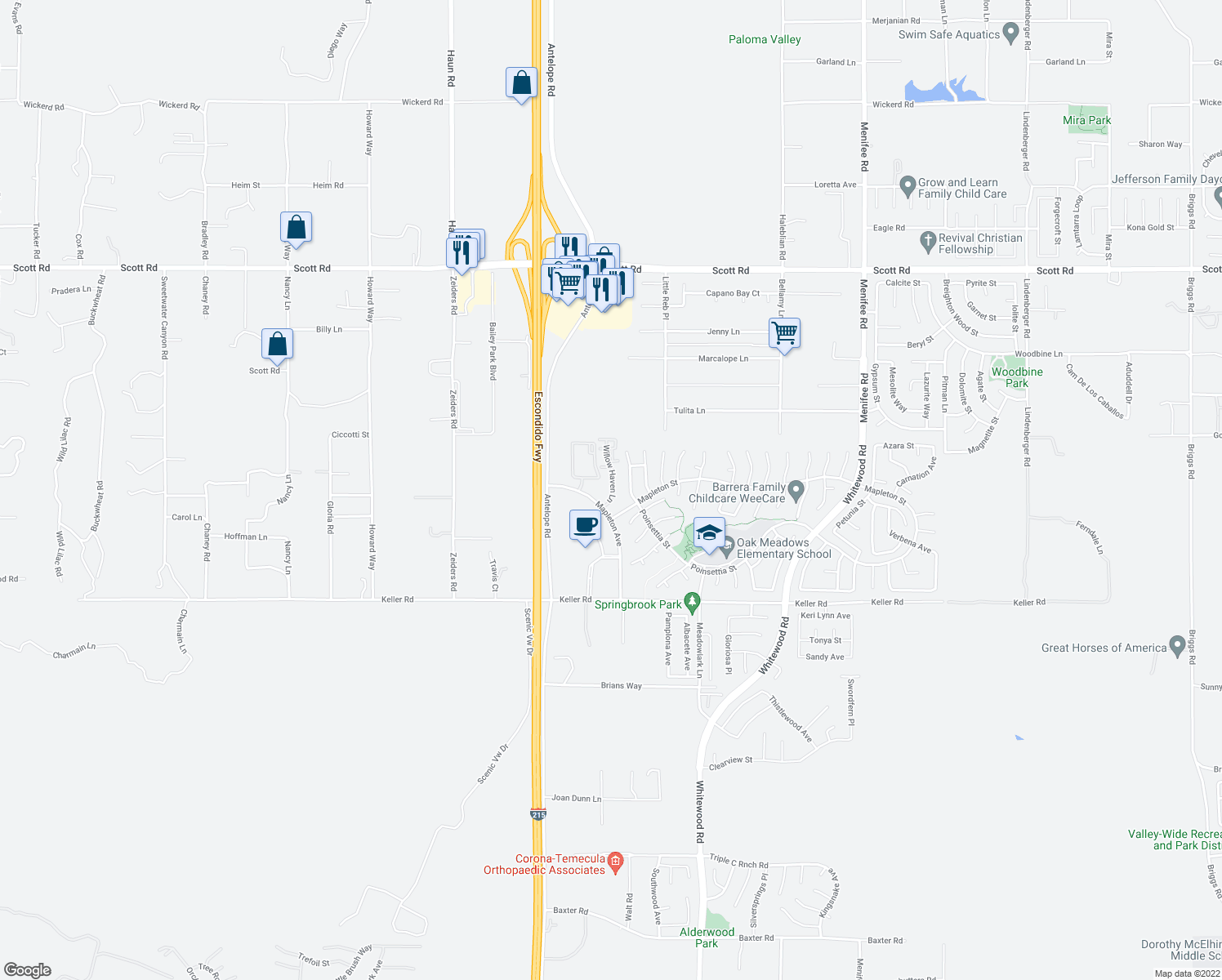 map of restaurants, bars, coffee shops, grocery stores, and more near 33600 Mapleton Avenue in Murrieta
