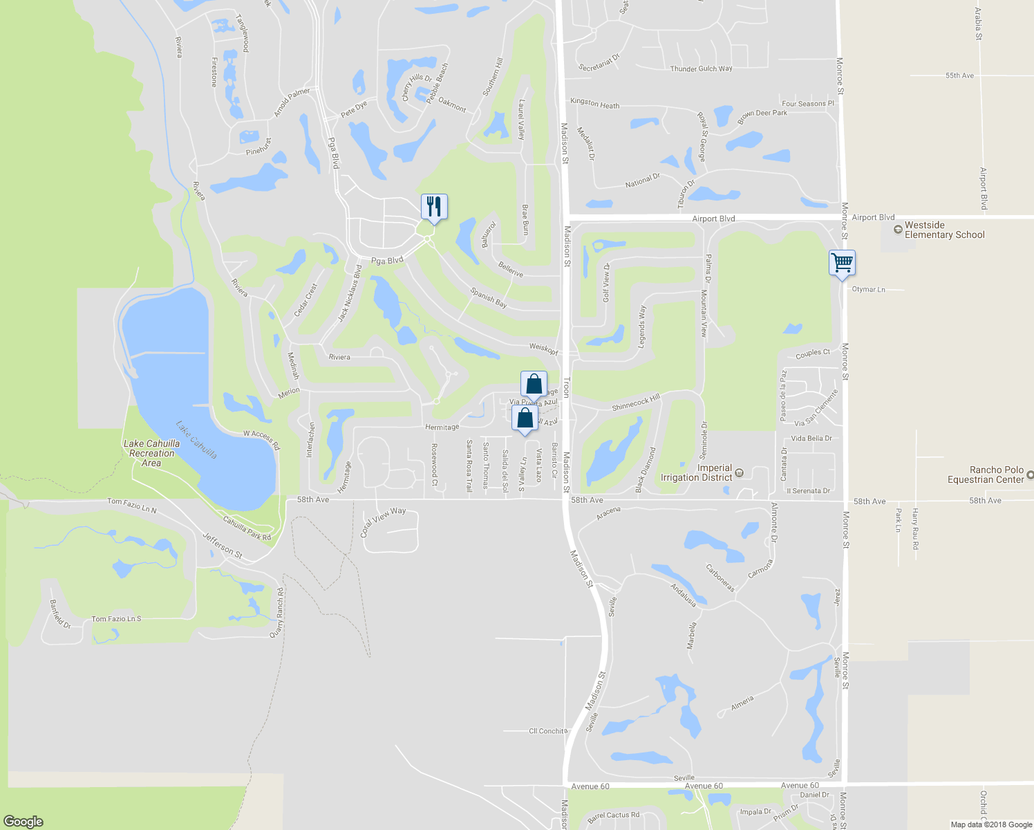 map of restaurants, bars, coffee shops, grocery stores, and more near 80836 Calle Azul in La Quinta