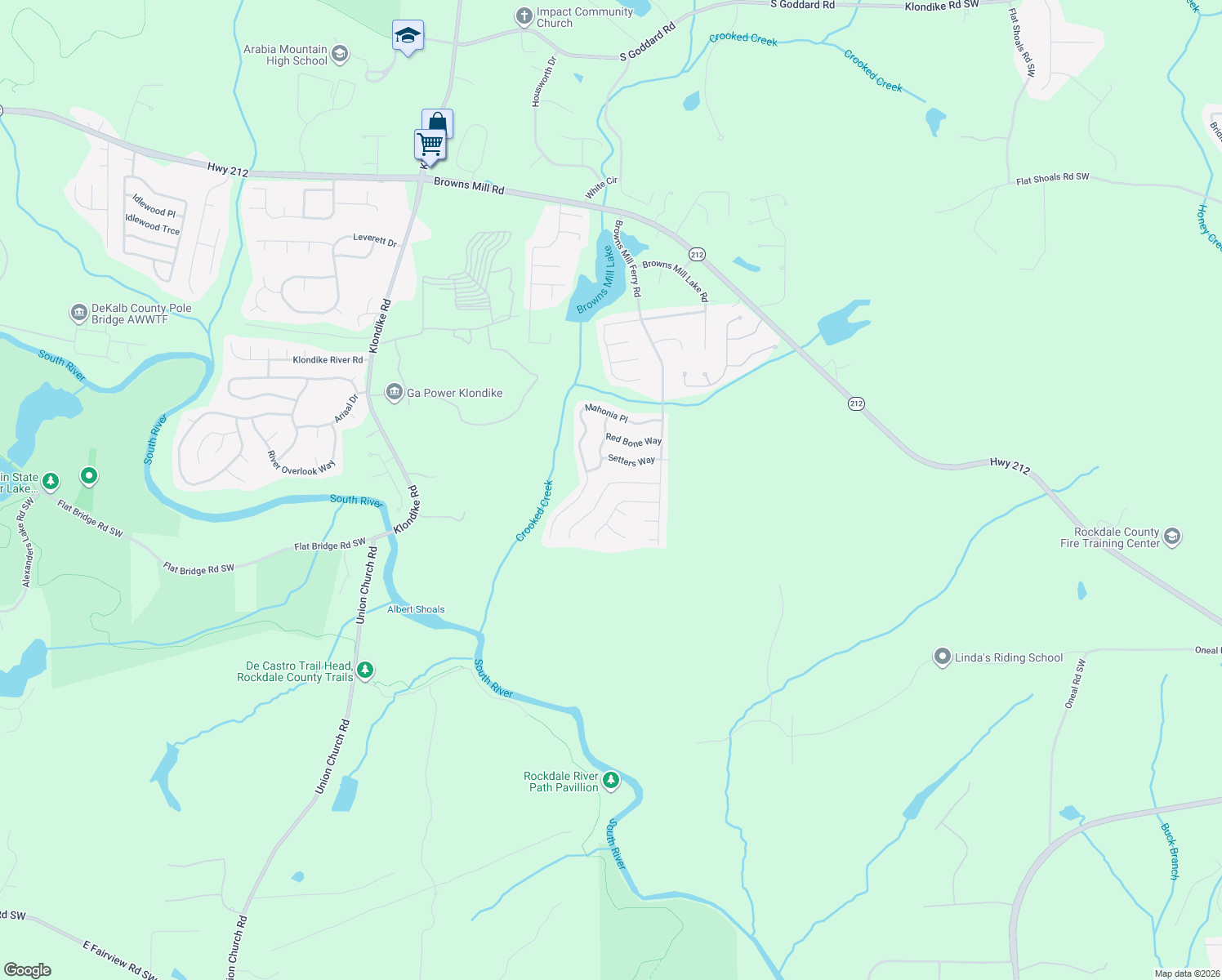 map of restaurants, bars, coffee shops, grocery stores, and more near 7132 Bowie Drive in Stonecrest