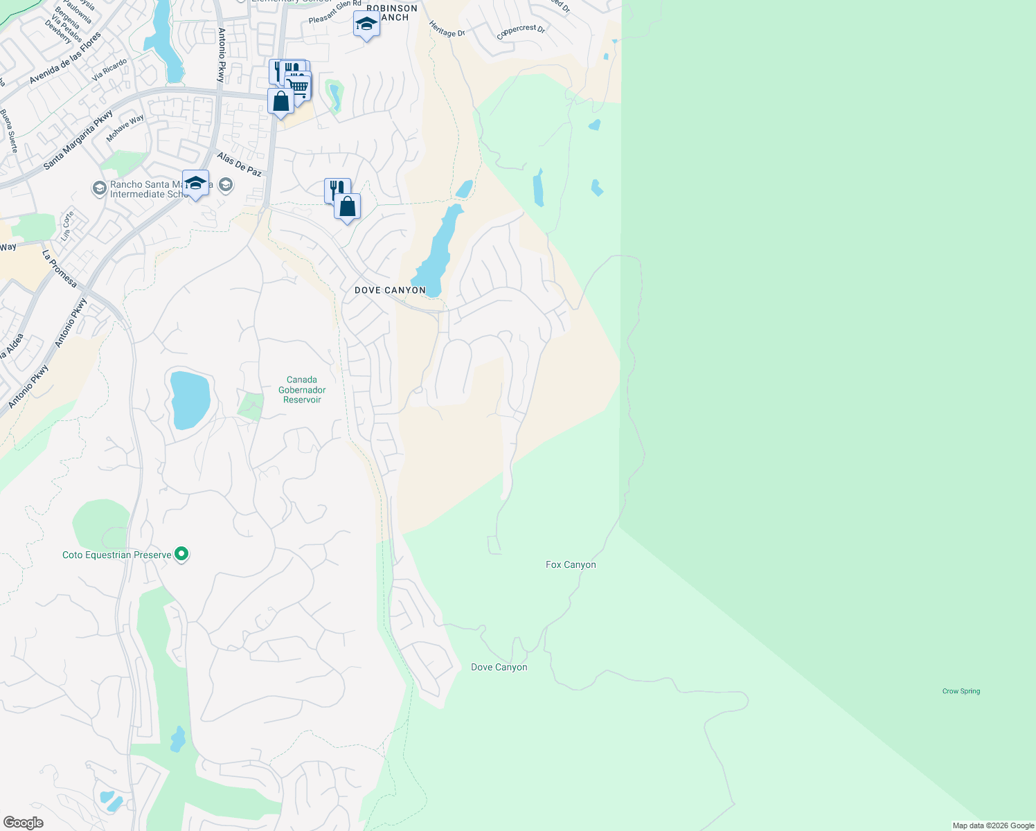 map of restaurants, bars, coffee shops, grocery stores, and more near 41 Bell Canyon Drive in Trabuco Canyon