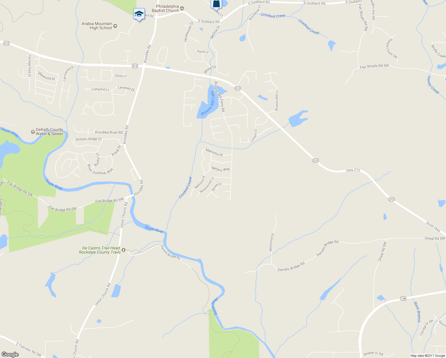 map of restaurants, bars, coffee shops, grocery stores, and more near 7180 Bowie Drive in Stonecrest