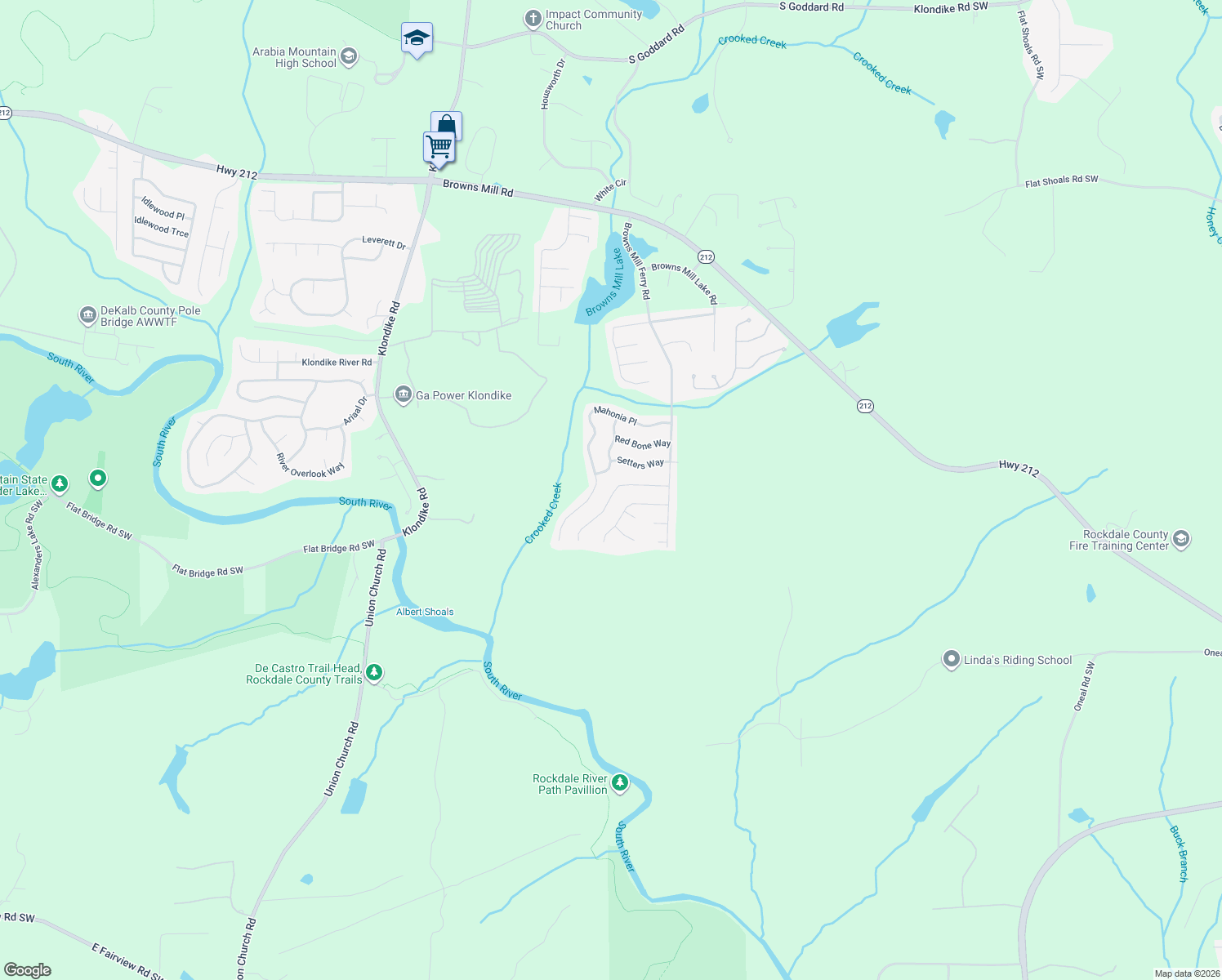 map of restaurants, bars, coffee shops, grocery stores, and more near 7132 Bowie Drive in Stonecrest