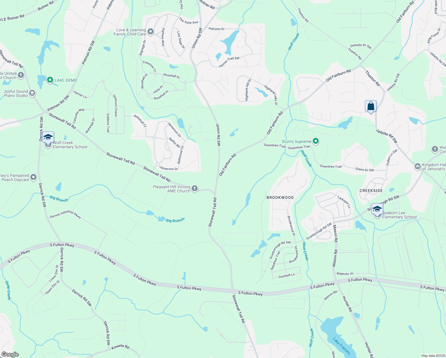 map of restaurants, bars, coffee shops, grocery stores, and more near 4650 Union Road Southwest in College Park