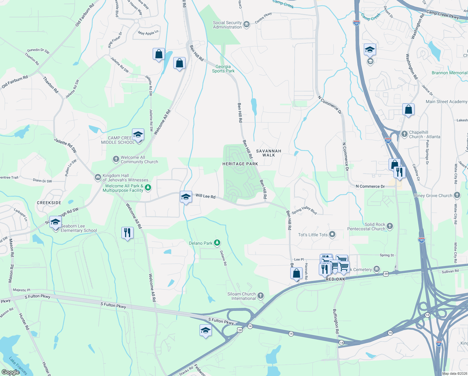 map of restaurants, bars, coffee shops, grocery stores, and more near 4855 West Park Circle in Atlanta