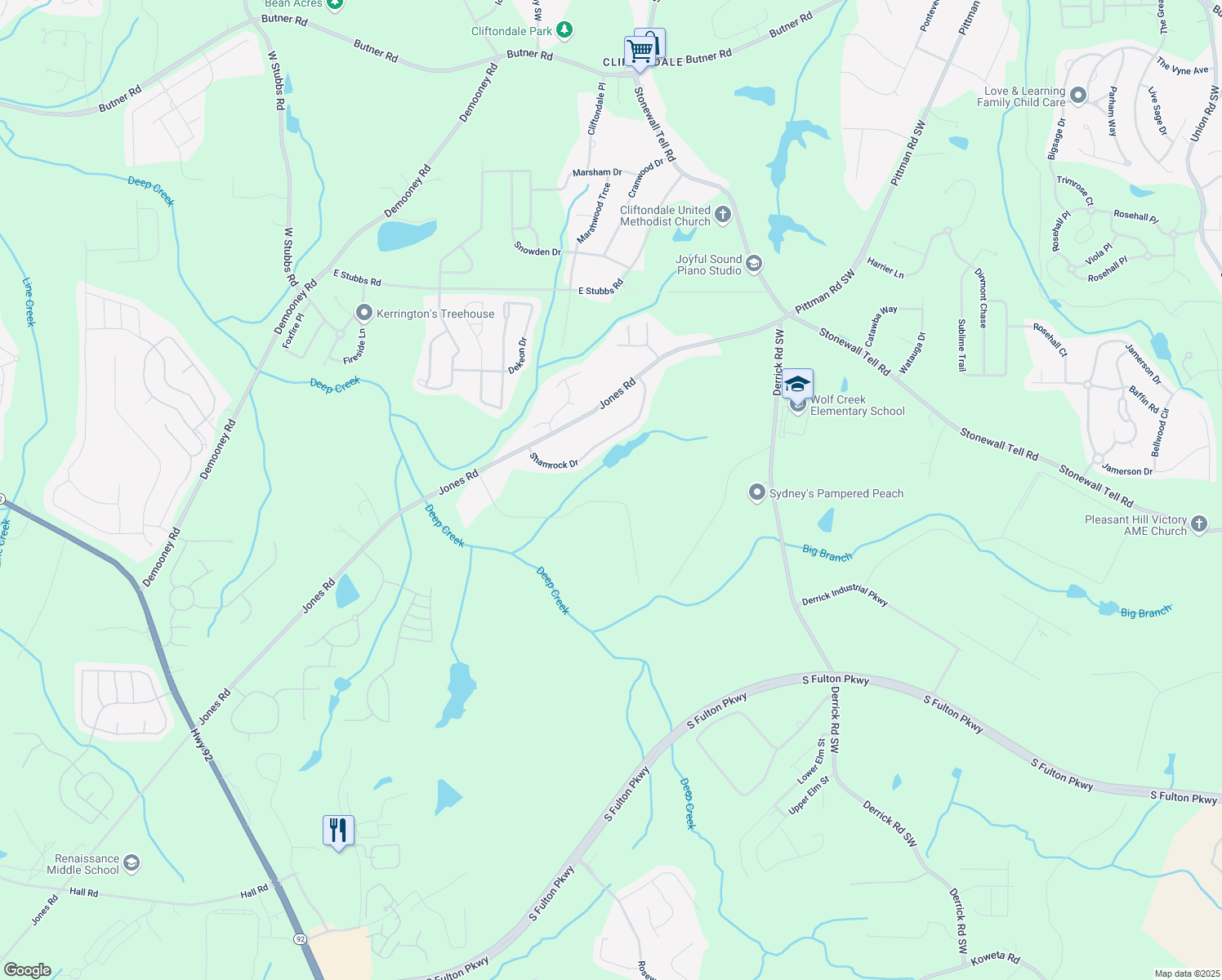 map of restaurants, bars, coffee shops, grocery stores, and more near 6650 Bobby John Road in Atlanta