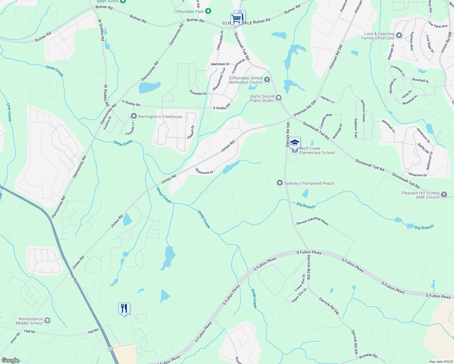 map of restaurants, bars, coffee shops, grocery stores, and more near 6650 Bobby John Road in Atlanta