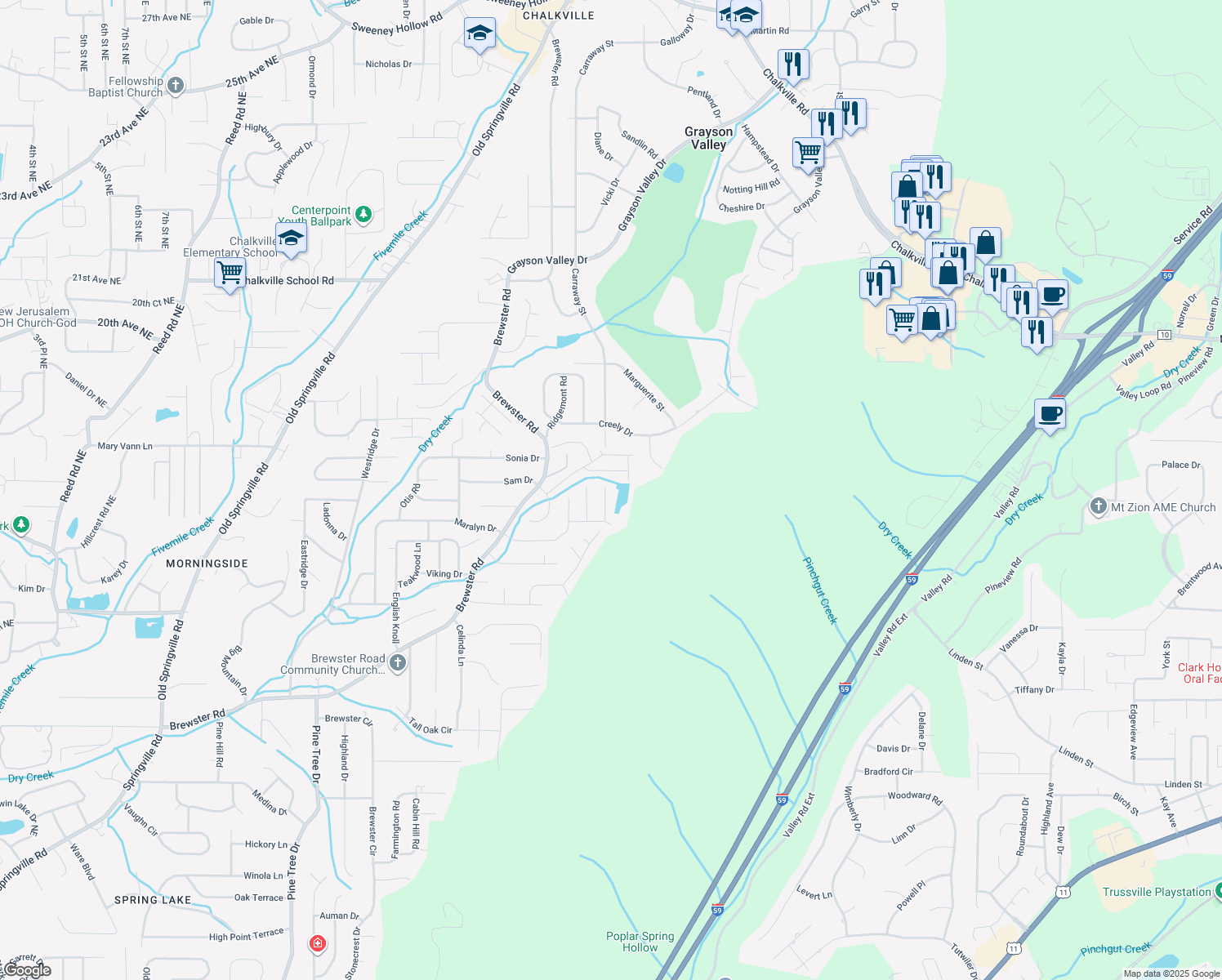 map of restaurants, bars, coffee shops, grocery stores, and more near 2025 Amanda Lane in Birmingham