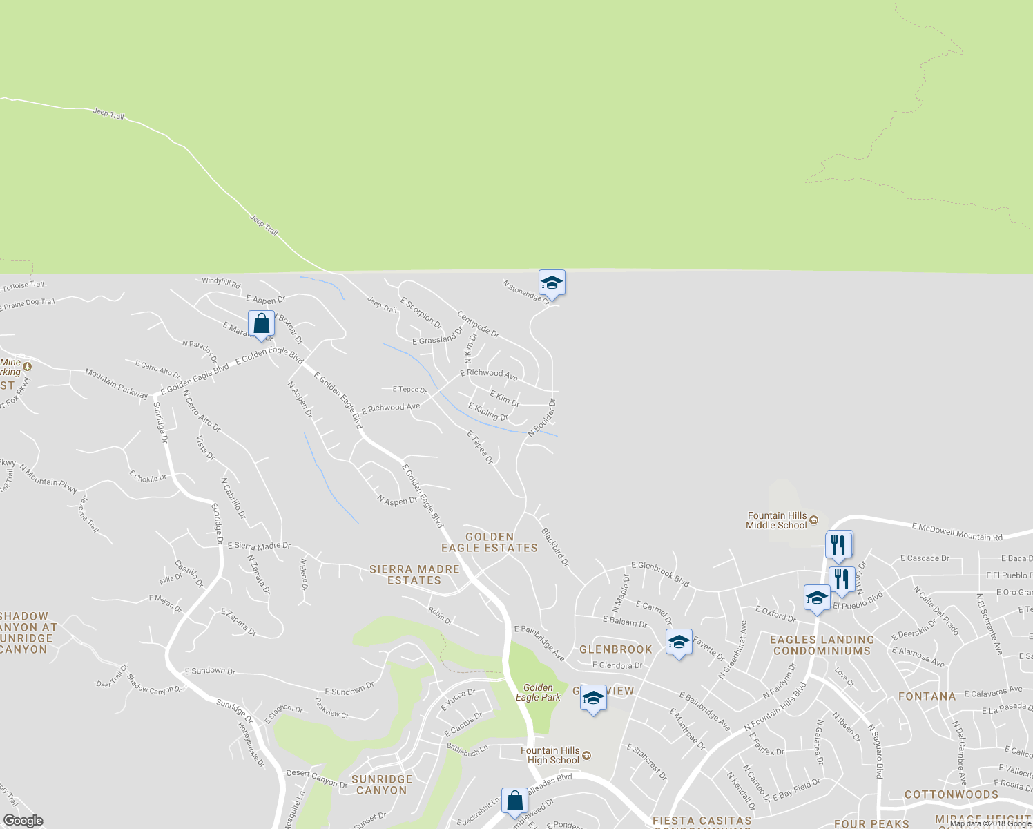 map of restaurants, bars, coffee shops, grocery stores, and more near 15837 East Kipling Drive in Fountain Hills