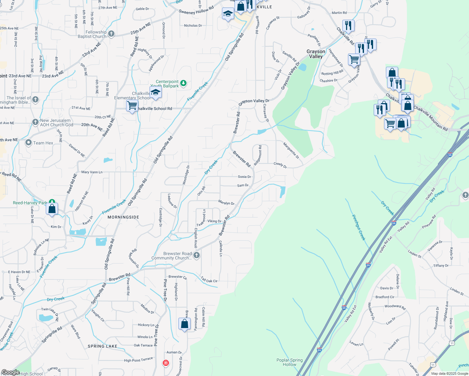map of restaurants, bars, coffee shops, grocery stores, and more near 1725 Sam Drive in Birmingham