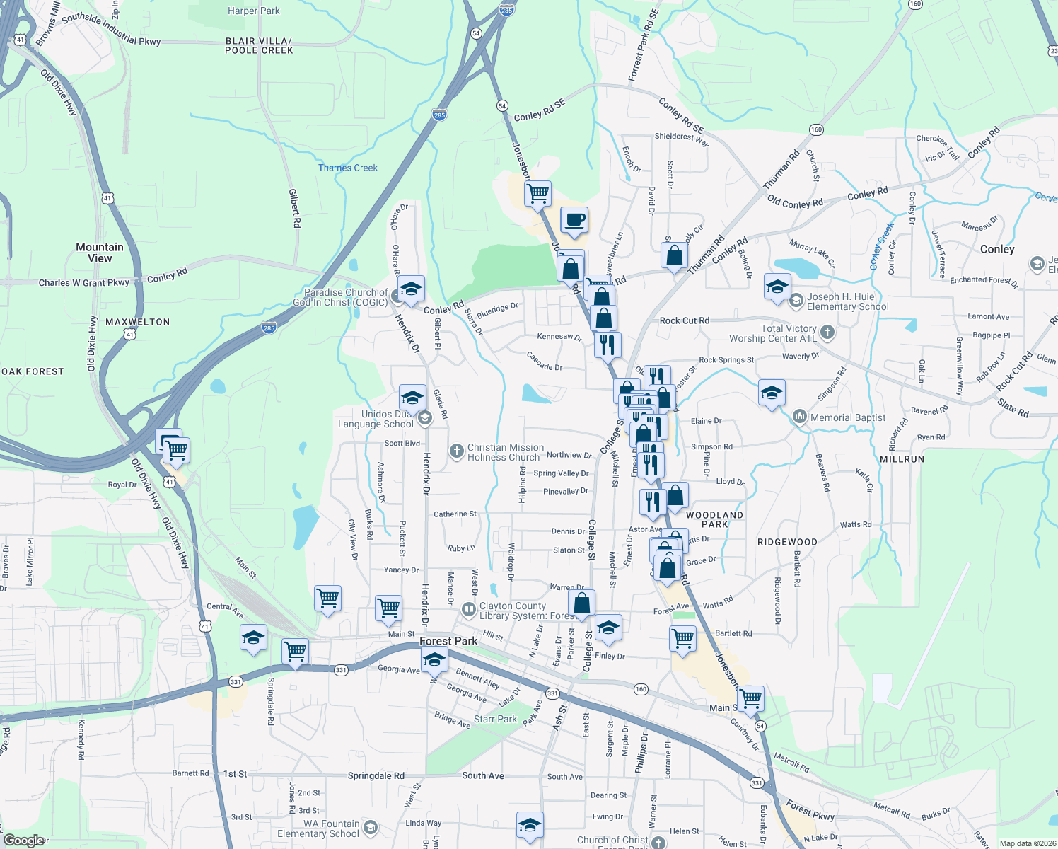 map of restaurants, bars, coffee shops, grocery stores, and more near 4456 Hillpine Road in Forest Park
