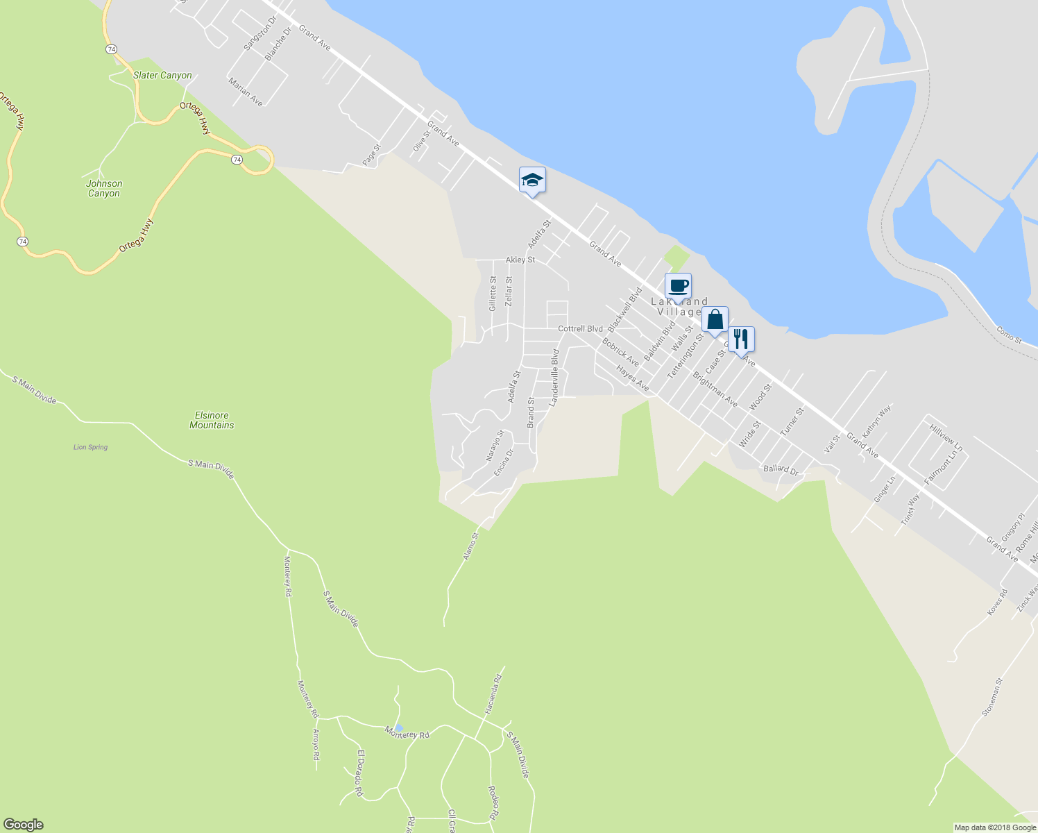 map of restaurants, bars, coffee shops, grocery stores, and more near 33621 Adelfa Street in Lake Elsinore