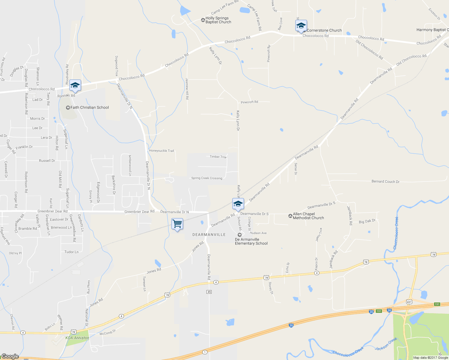 map of restaurants, bars, coffee shops, grocery stores, and more near 67 Spring Creek Crossing in Anniston