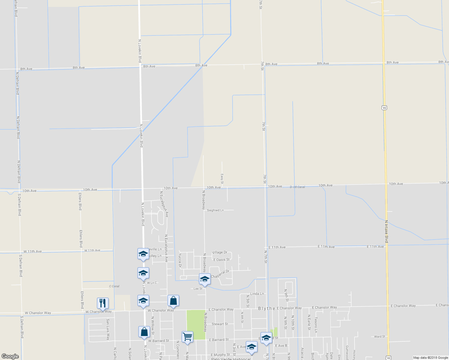 map of restaurants, bars, coffee shops, grocery stores, and more near 10280 10th Avenue in Blythe