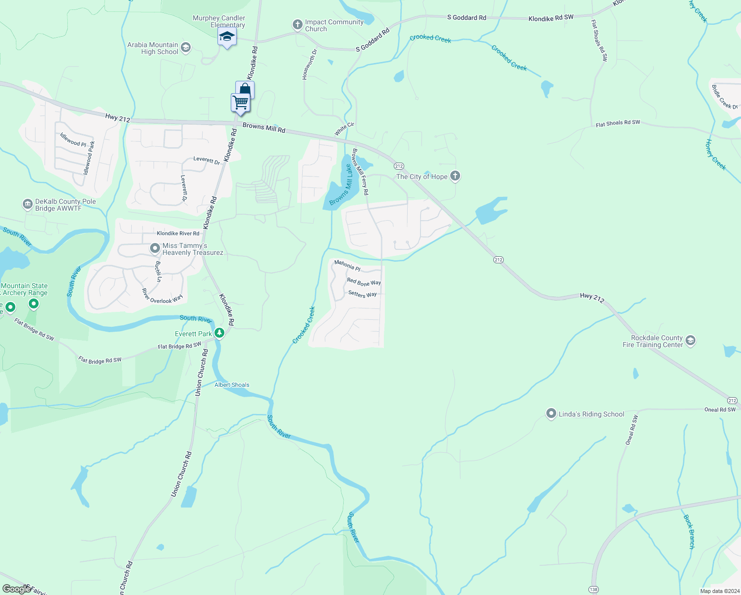 map of restaurants, bars, coffee shops, grocery stores, and more near 7039 Setters Way in Lithonia
