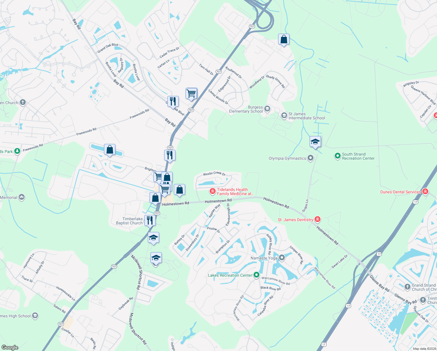 map of restaurants, bars, coffee shops, grocery stores, and more near 8943 Alexander Court in Myrtle Beach