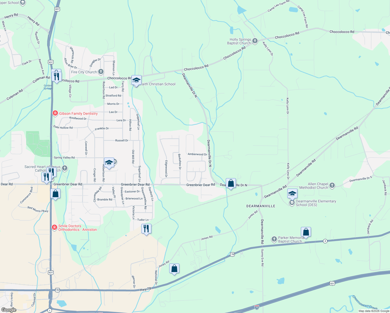 map of restaurants, bars, coffee shops, grocery stores, and more near 4616 Amberwood Dr in Anniston
