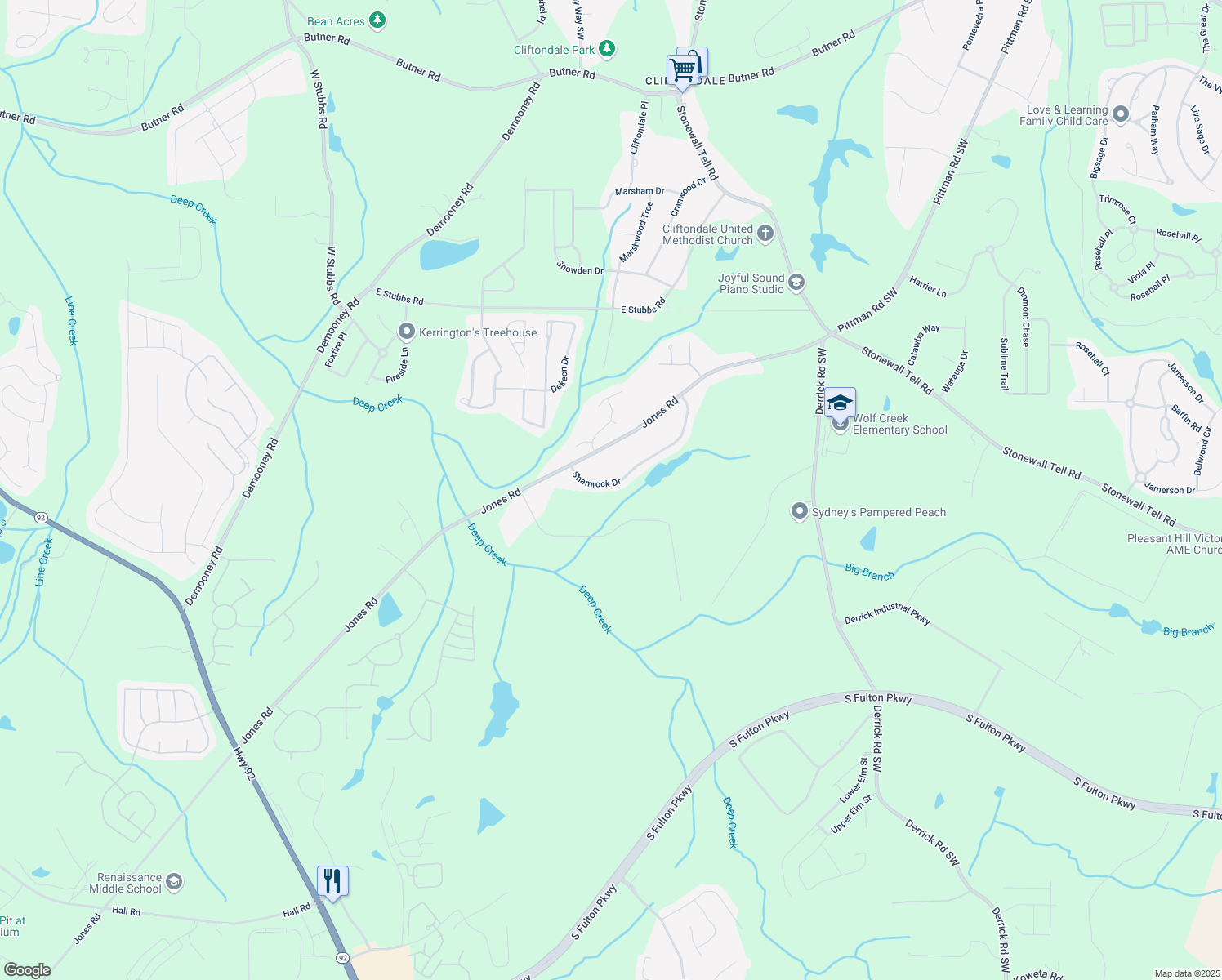 map of restaurants, bars, coffee shops, grocery stores, and more near 4372 Shamrock Drive in Atlanta