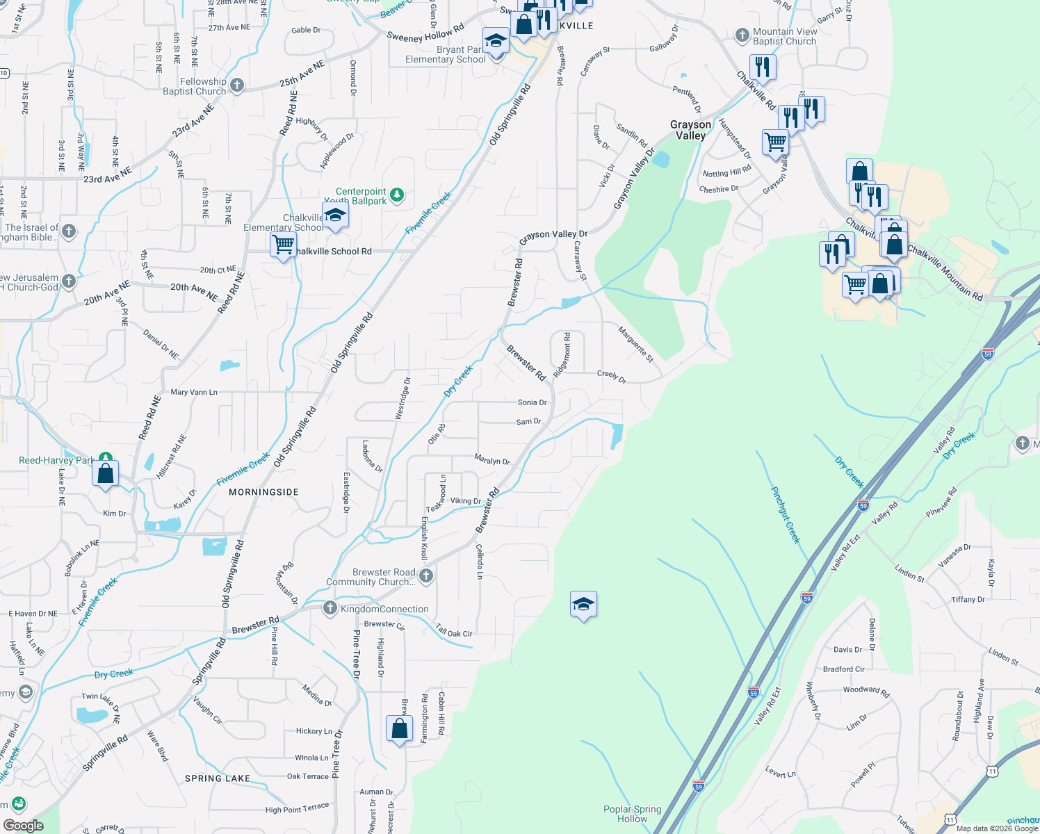 map of restaurants, bars, coffee shops, grocery stores, and more near 1725 Sam Drive in Birmingham