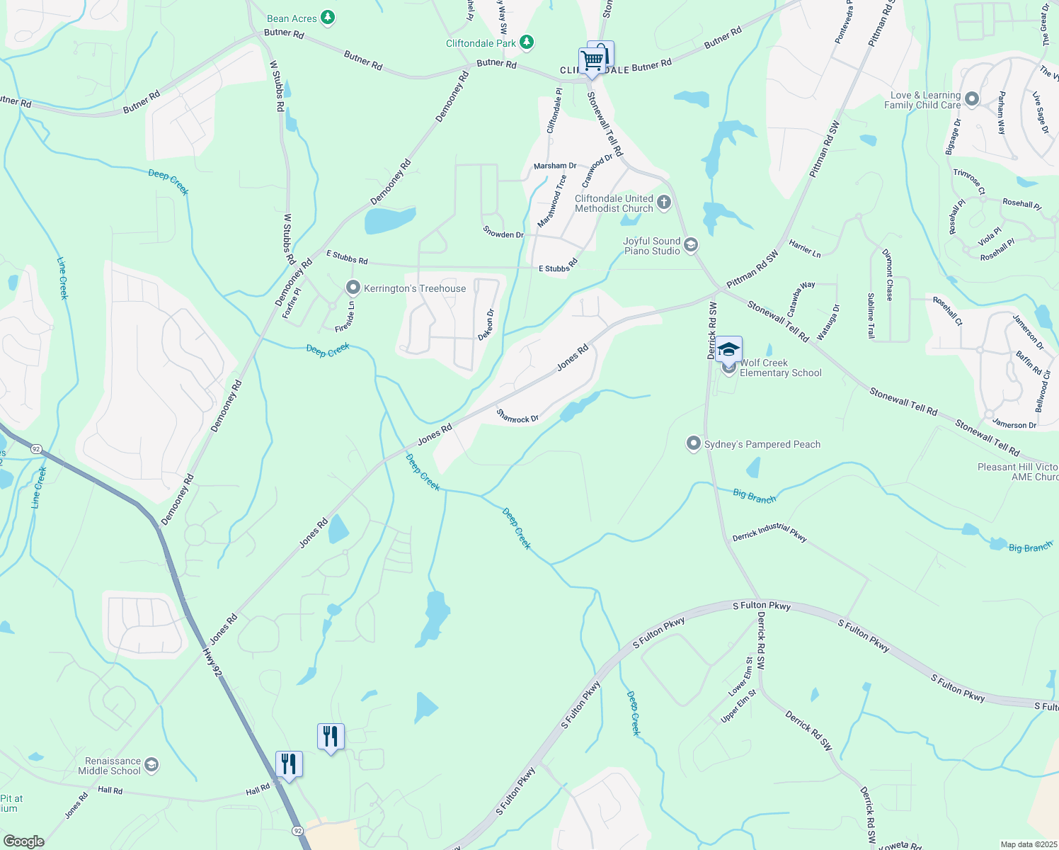 map of restaurants, bars, coffee shops, grocery stores, and more near 4372 Shamrock Drive in Atlanta