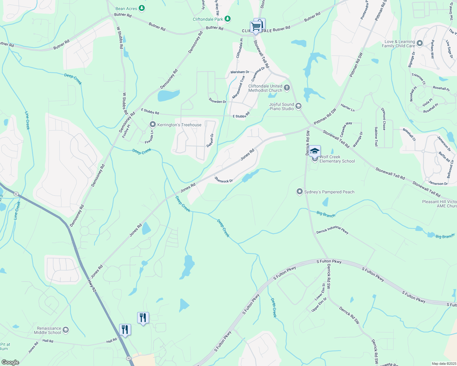 map of restaurants, bars, coffee shops, grocery stores, and more near 4372 Shamrock Drive in Atlanta