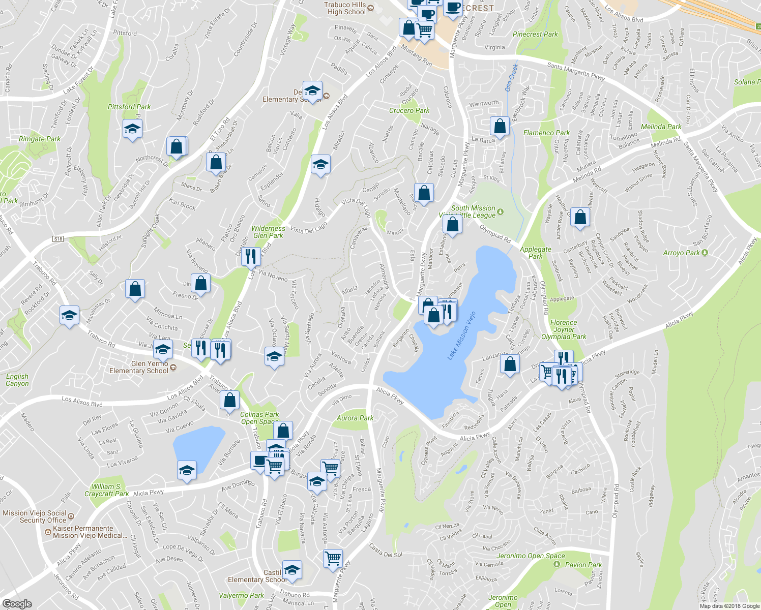 map of restaurants, bars, coffee shops, grocery stores, and more near 22662 Reinosa in Mission Viejo