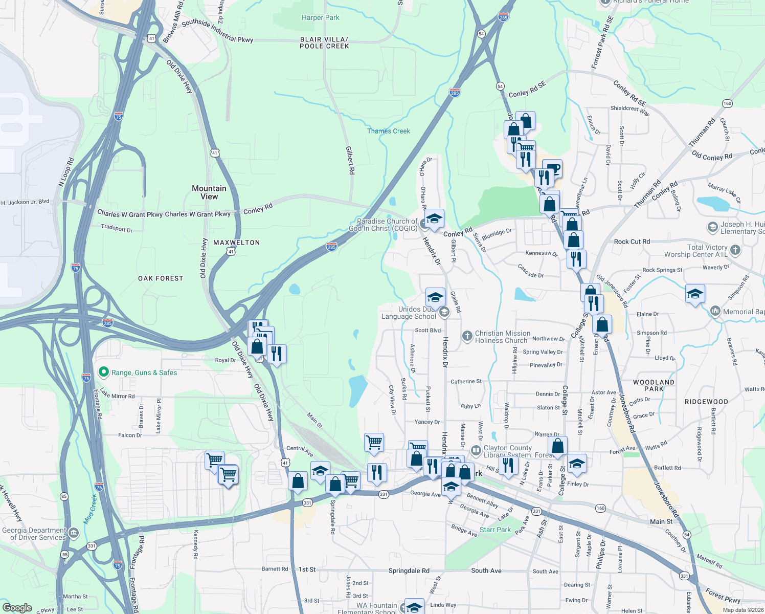 map of restaurants, bars, coffee shops, grocery stores, and more near 424 Willena Drive in Forest Park
