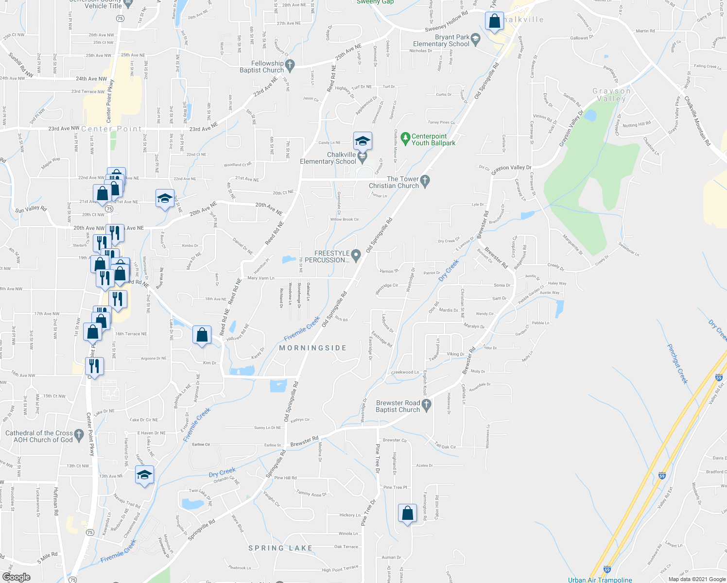 map of restaurants, bars, coffee shops, grocery stores, and more near 1818 Eastridge Drive in Birmingham