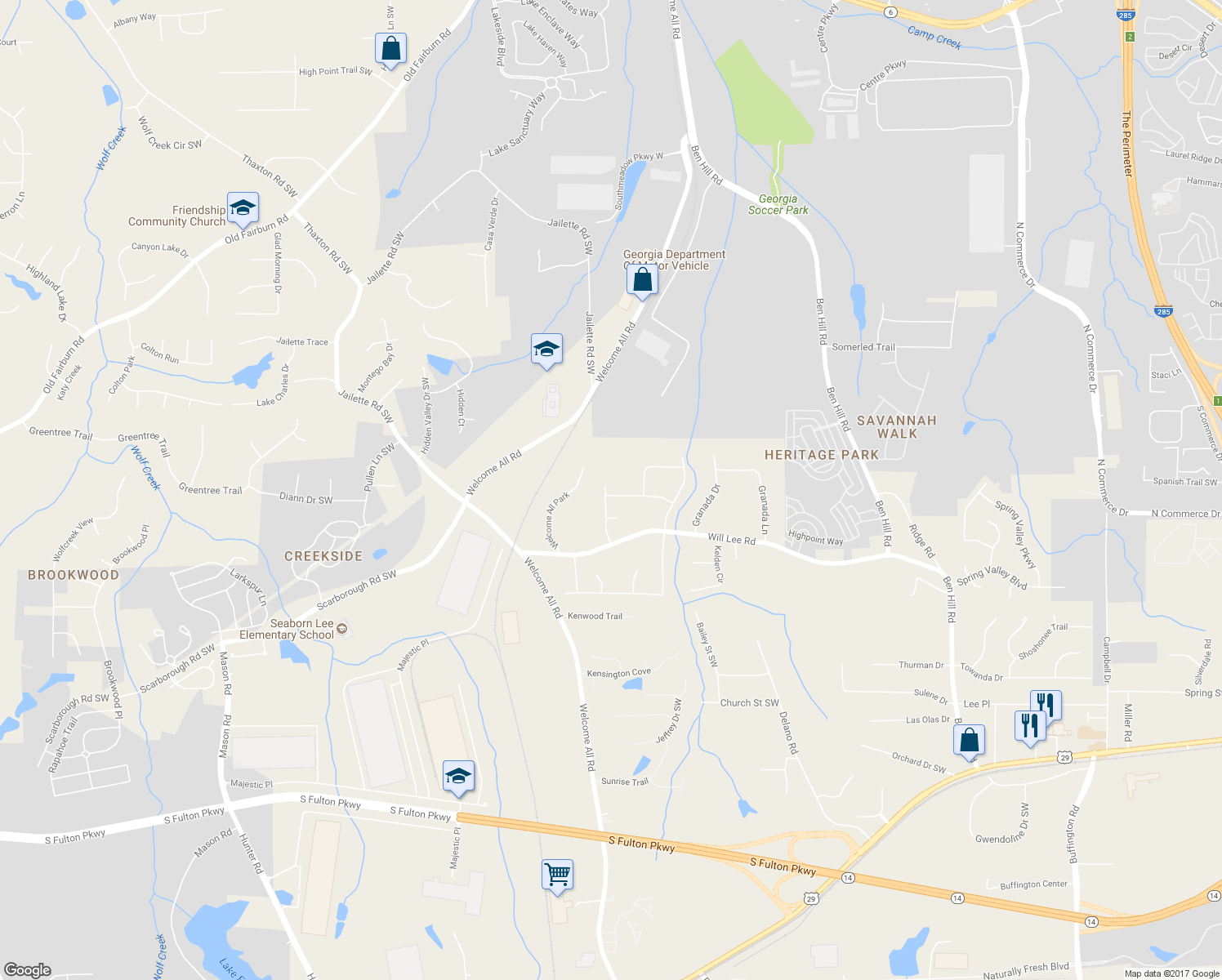 map of restaurants, bars, coffee shops, grocery stores, and more near 4501 Muhammad Drive in College Park