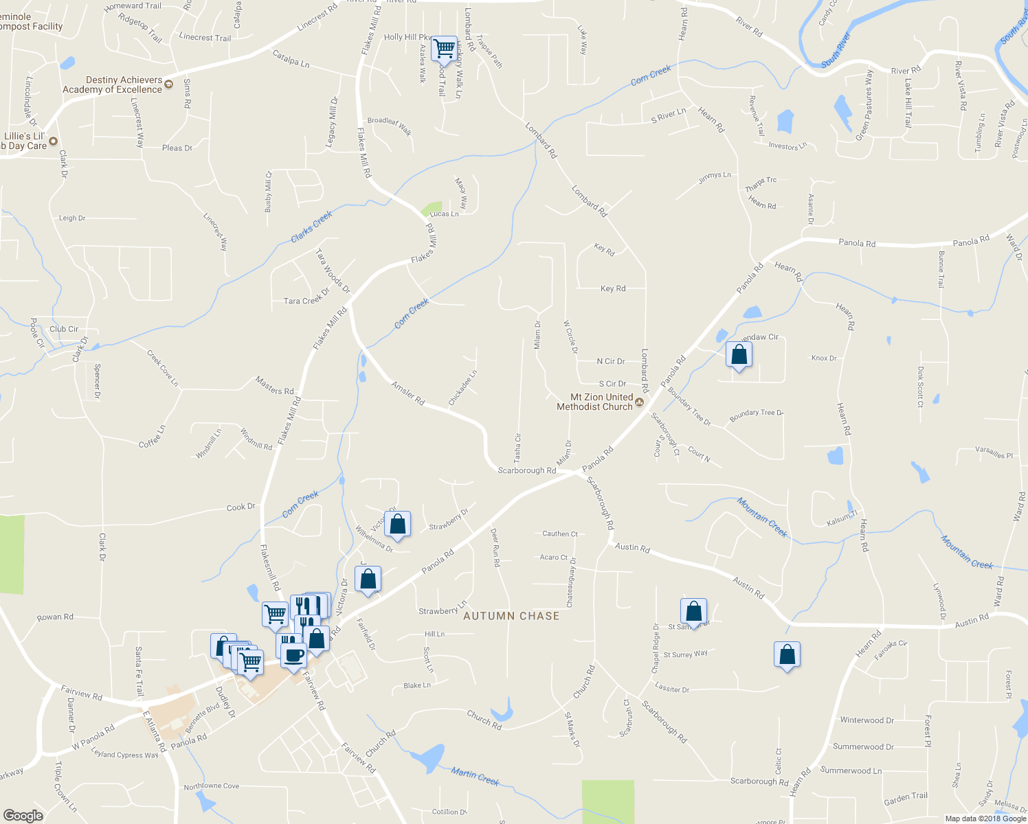 map of restaurants, bars, coffee shops, grocery stores, and more near 117 Tasha Circle in Ellenwood
