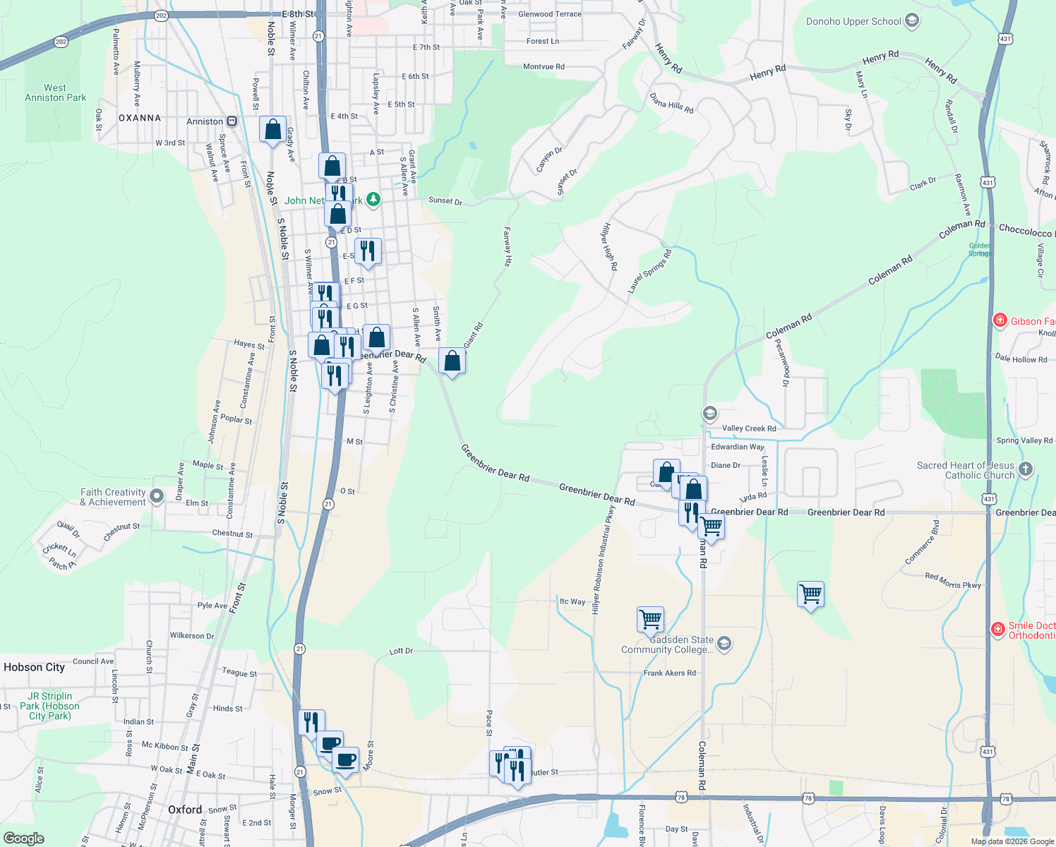 map of restaurants, bars, coffee shops, grocery stores, and more near 926 Hillyer High Road in Anniston