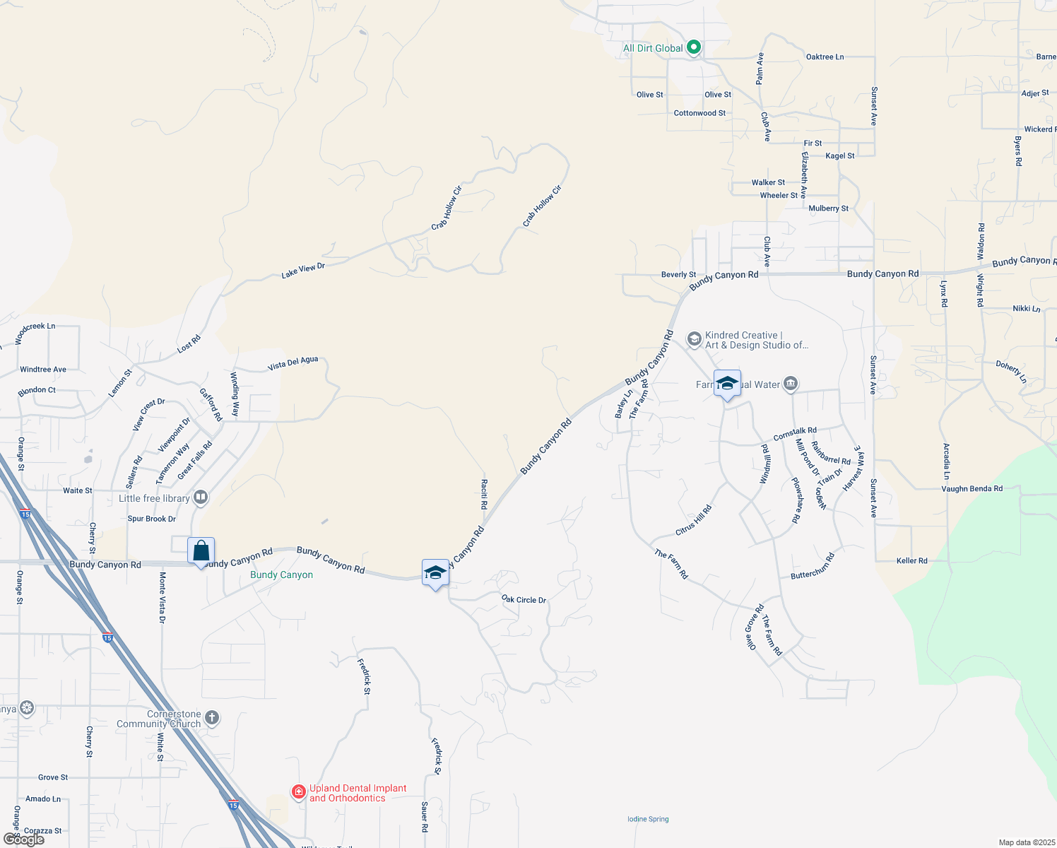 map of restaurants, bars, coffee shops, grocery stores, and more near 23742 Bundy Canyon Road in Wildomar