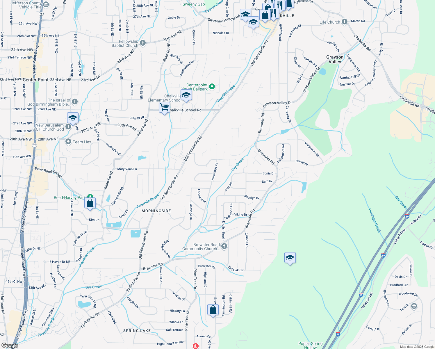 map of restaurants, bars, coffee shops, grocery stores, and more near 1205 Westridge Lane in Birmingham