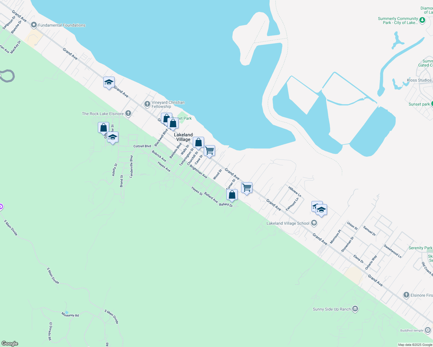 map of restaurants, bars, coffee shops, grocery stores, and more near 33087 Wood Street in Lake Elsinore