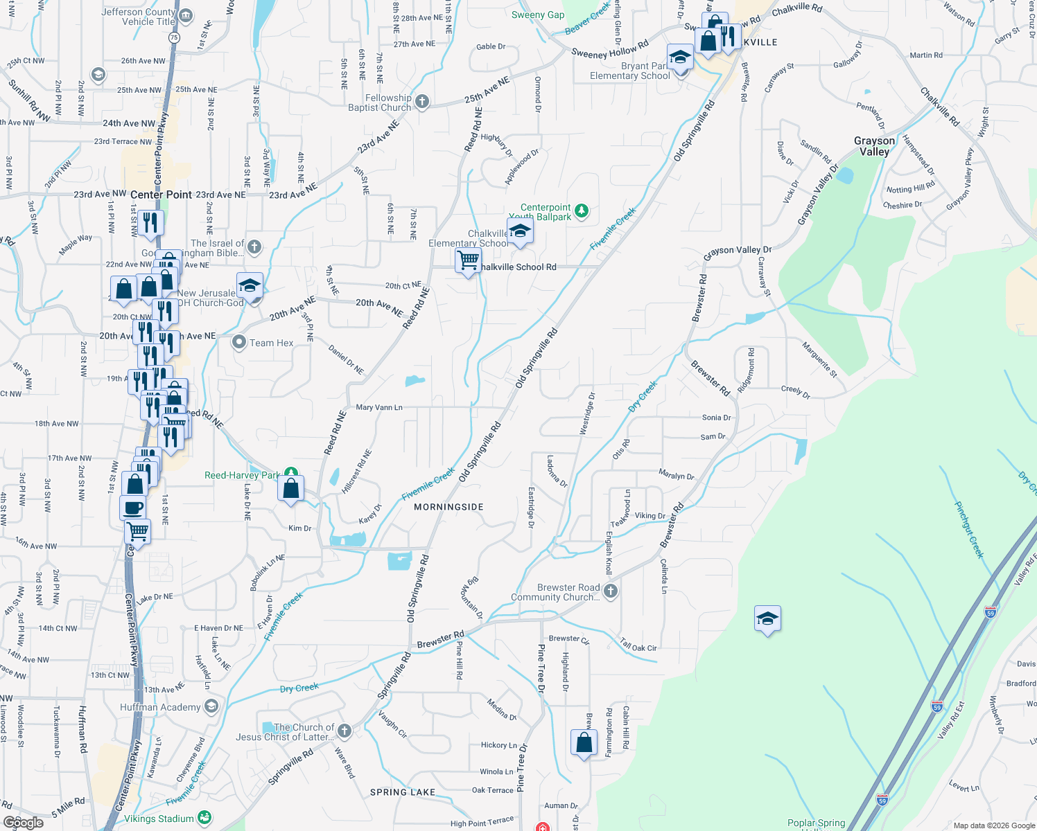 map of restaurants, bars, coffee shops, grocery stores, and more near 1657 Park Terrace in Birmingham