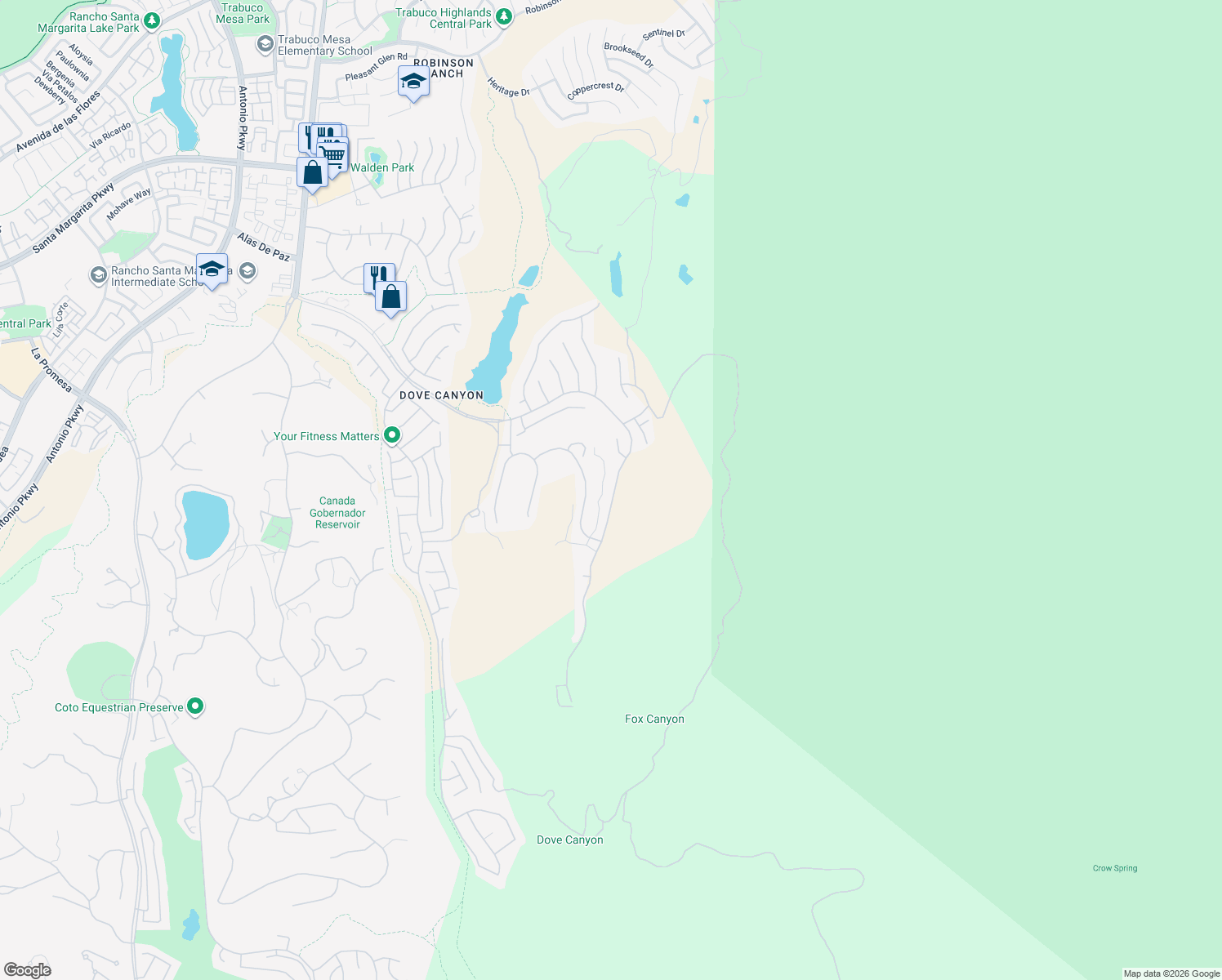 map of restaurants, bars, coffee shops, grocery stores, and more near 11 Bell Canyon Drive in Trabuco Canyon