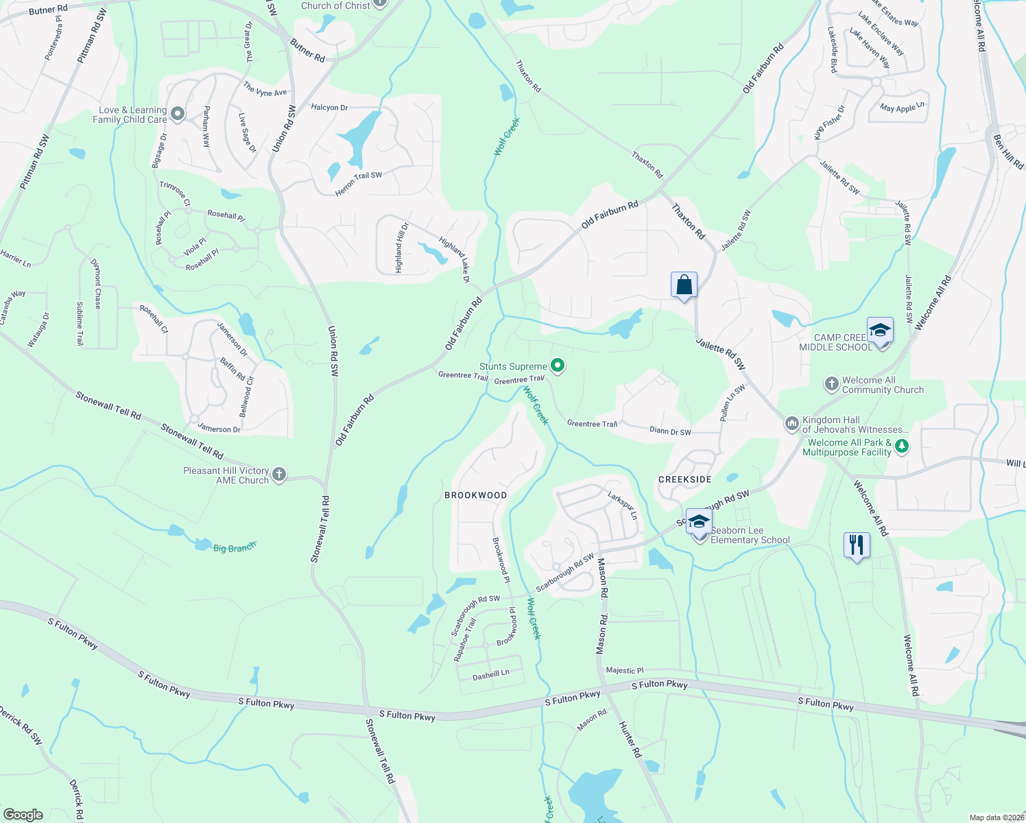map of restaurants, bars, coffee shops, grocery stores, and more near 4819 Wolfcreek View in Atlanta
