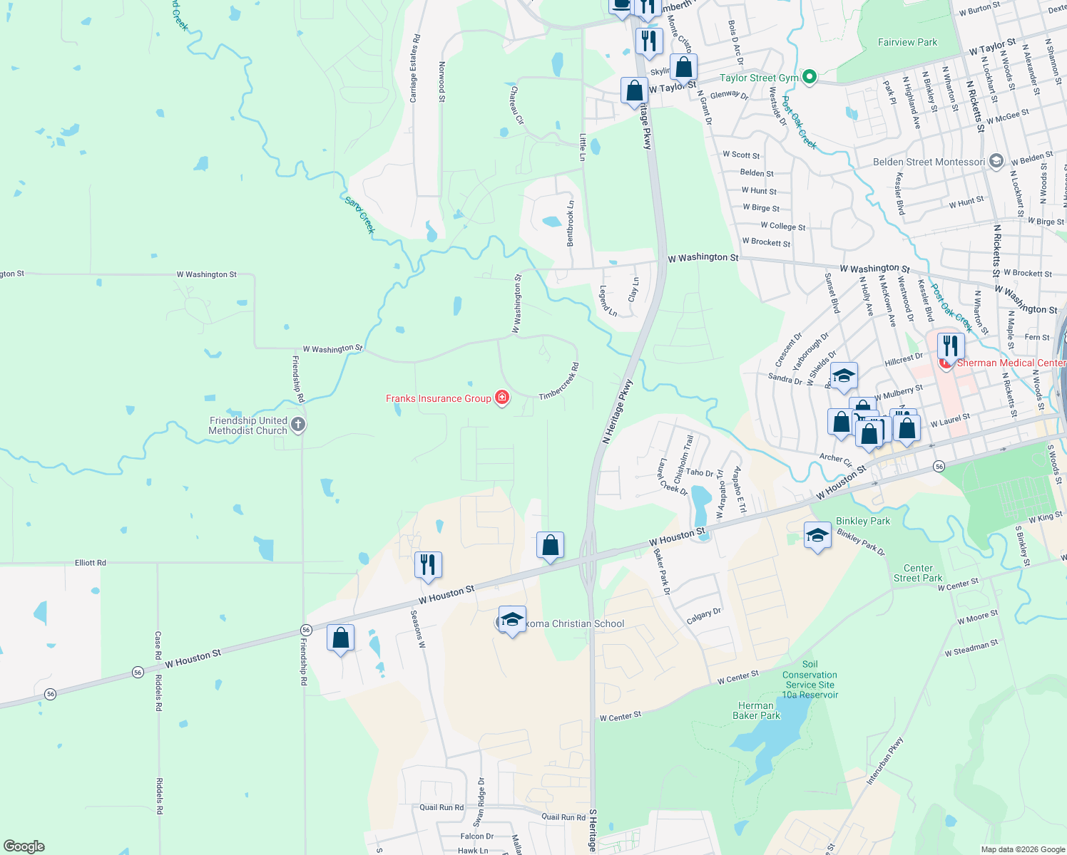 map of restaurants, bars, coffee shops, grocery stores, and more near 424 Ridgeview Road in Sherman