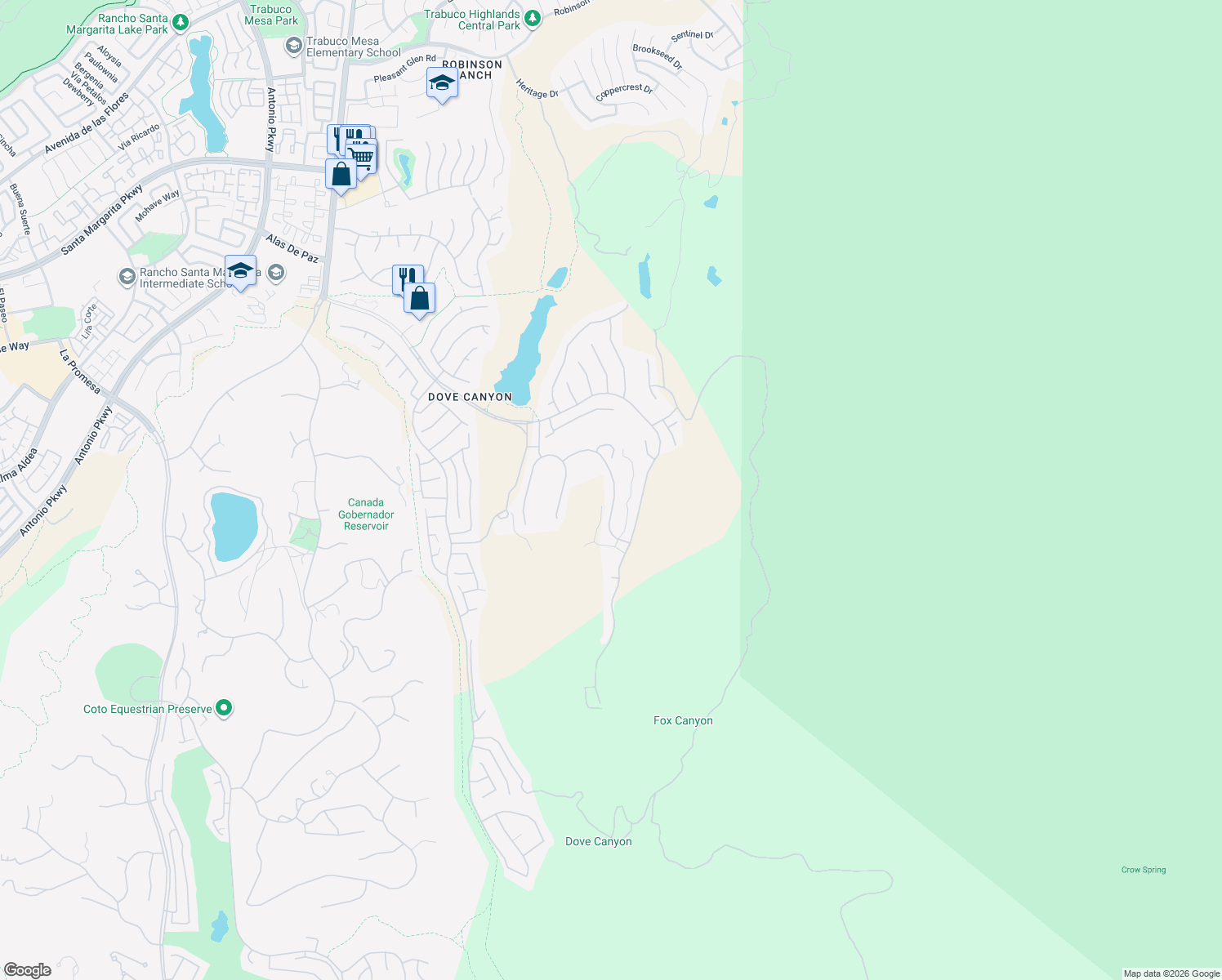 map of restaurants, bars, coffee shops, grocery stores, and more near 37 Golf Ridge Drive in Trabuco Canyon