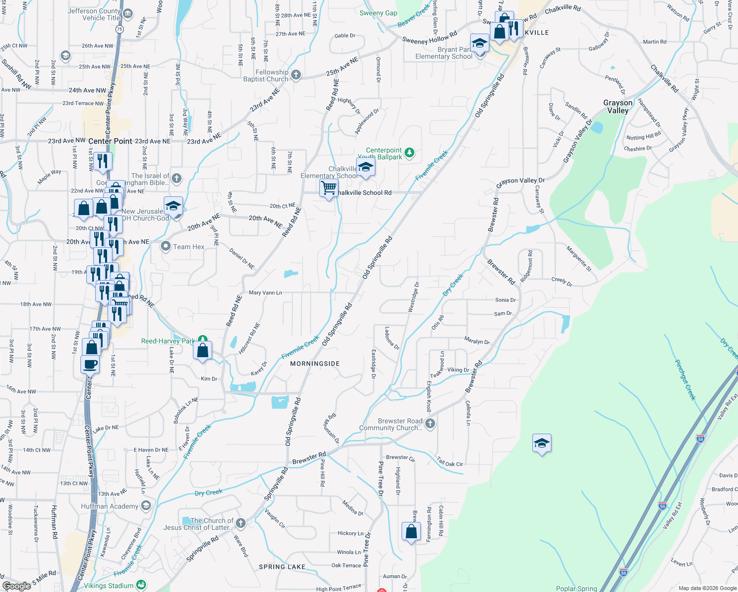 map of restaurants, bars, coffee shops, grocery stores, and more near 1657 Park Terrace in Birmingham