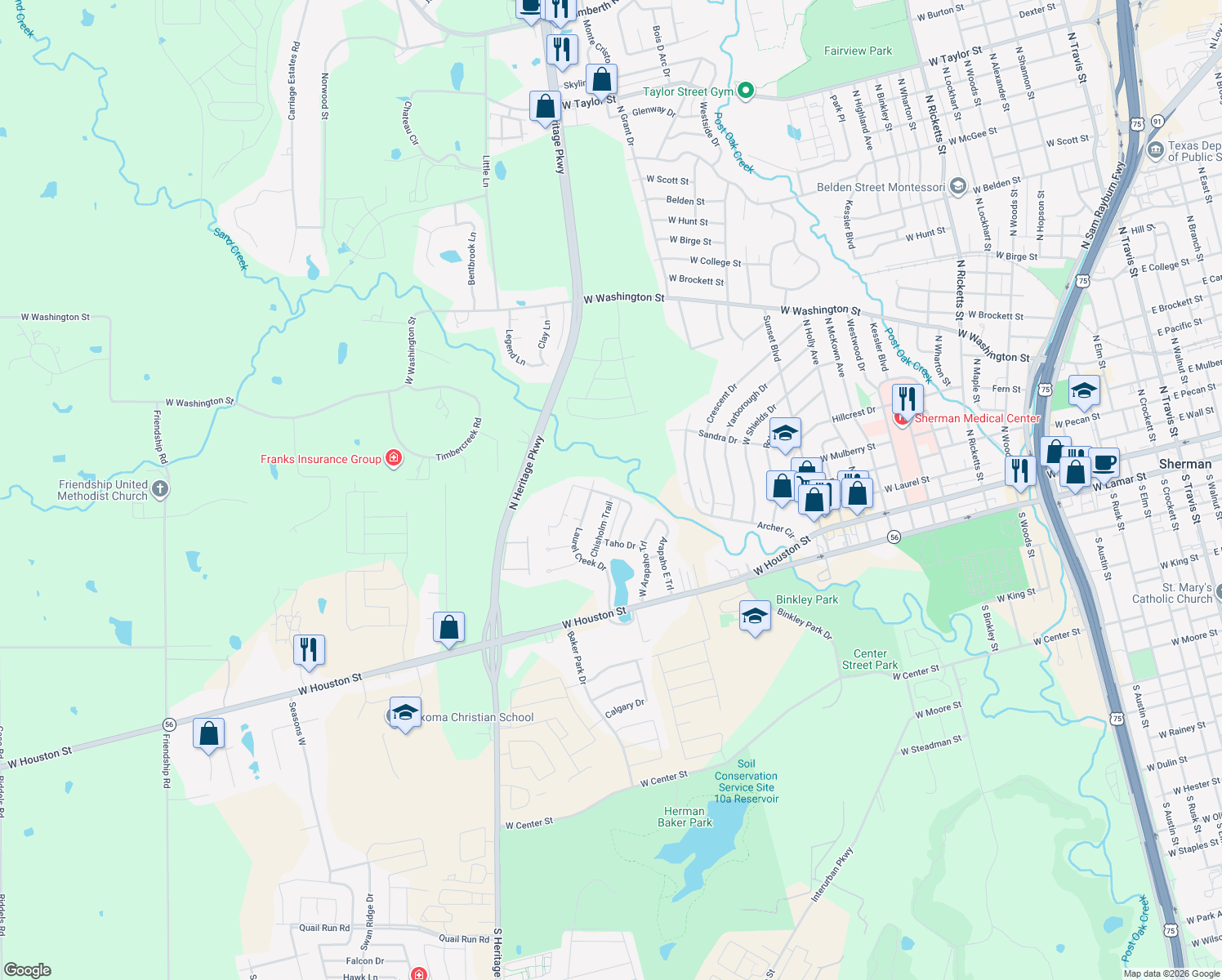 map of restaurants, bars, coffee shops, grocery stores, and more near 425 Hidden Valley Trail in Sherman