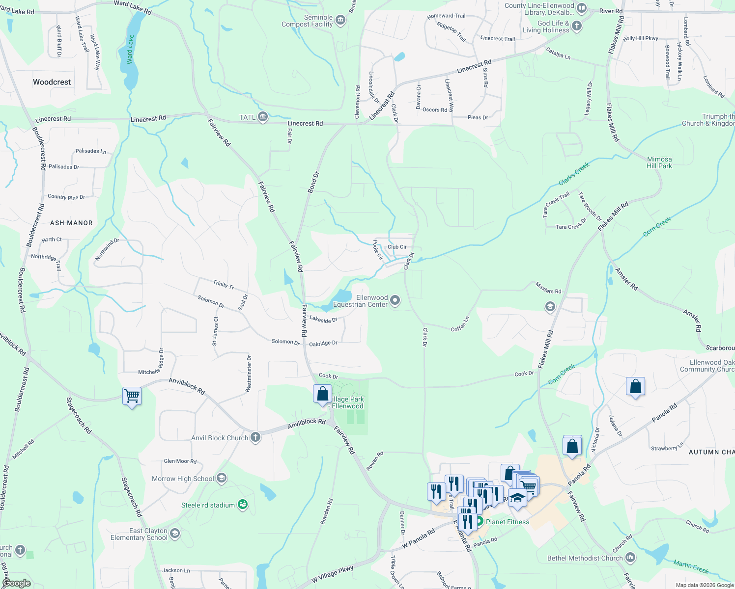 map of restaurants, bars, coffee shops, grocery stores, and more near 170 Lakeside Drive in Ellenwood
