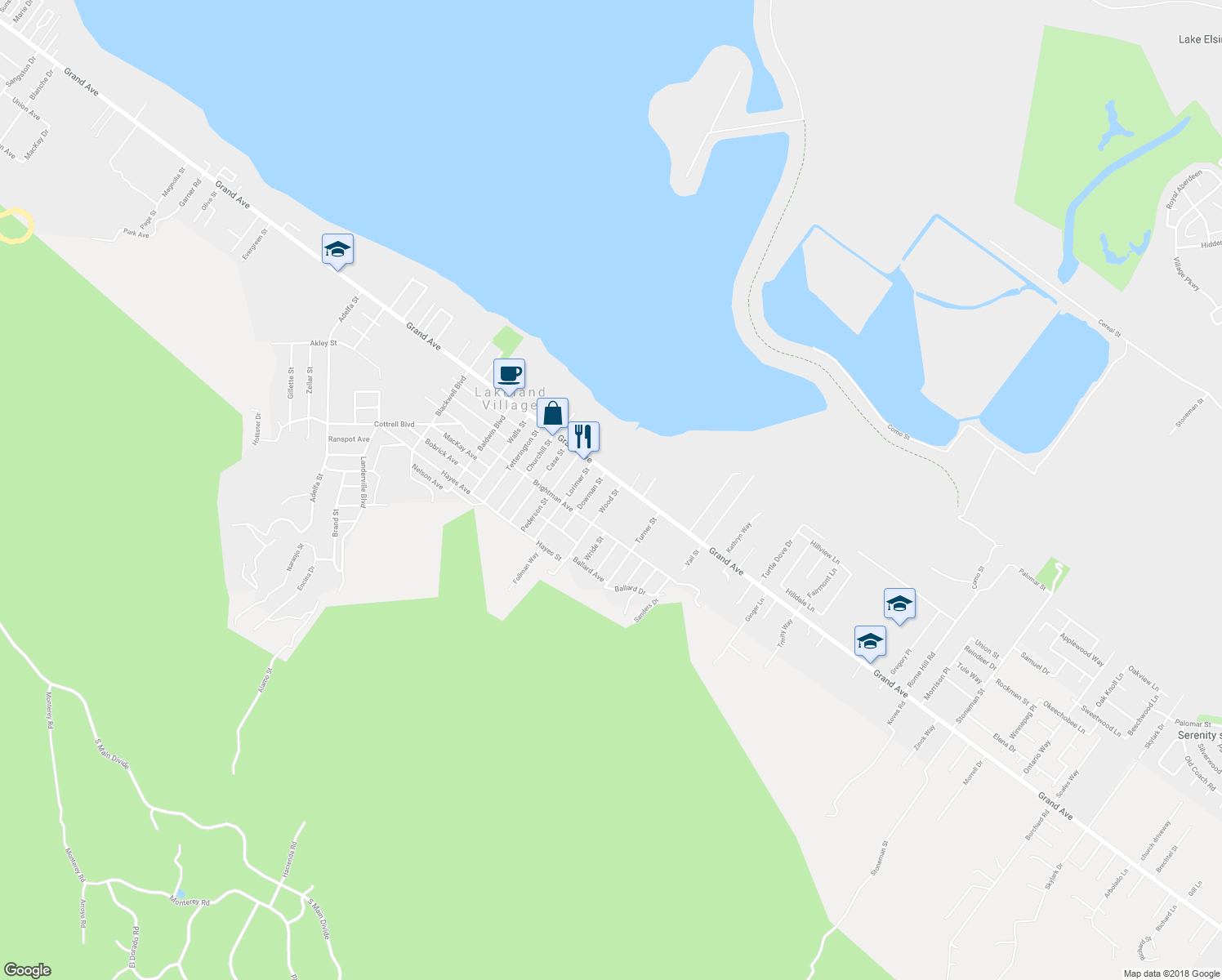 map of restaurants, bars, coffee shops, grocery stores, and more near 33025 Wood Street in Lake Elsinore