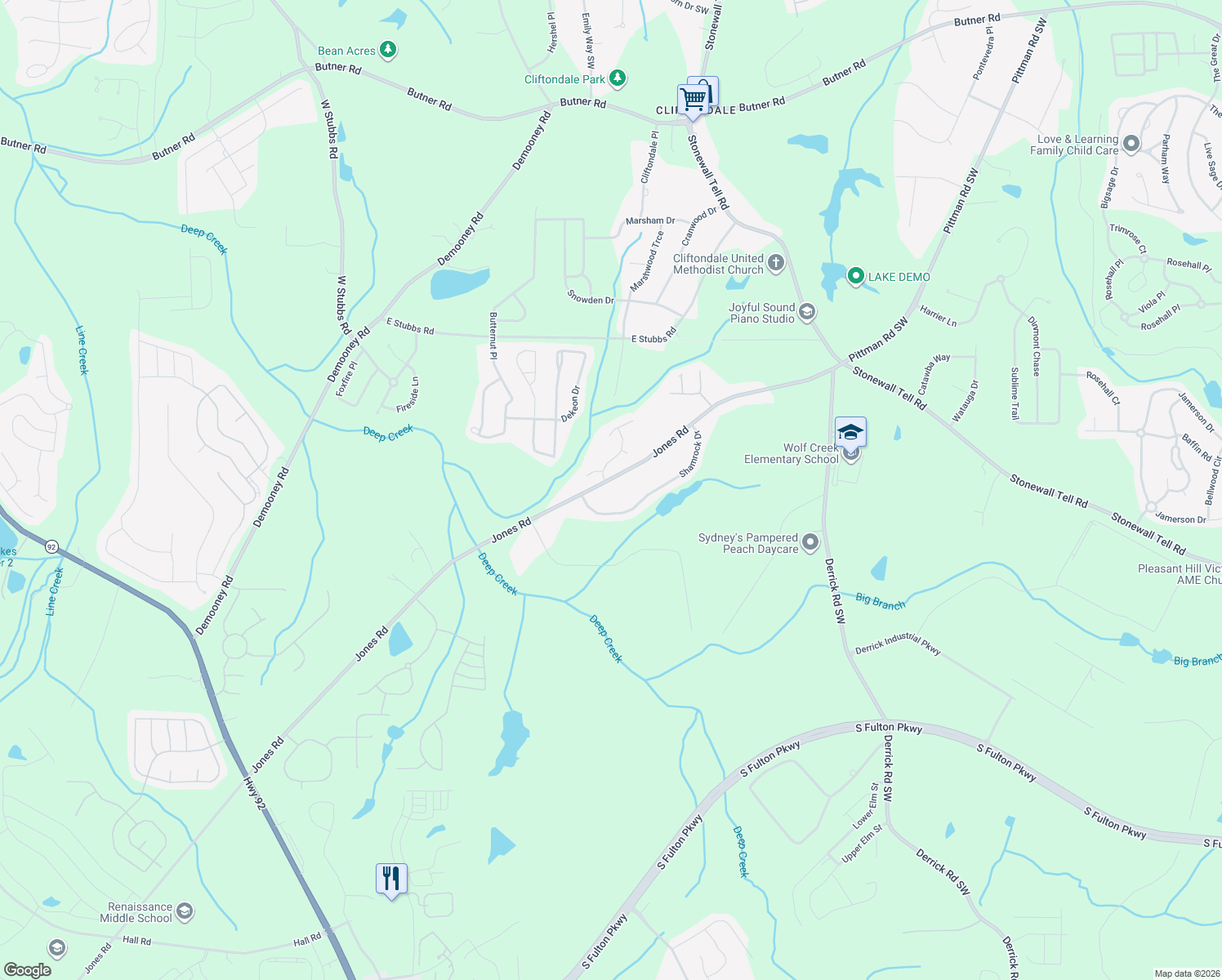 map of restaurants, bars, coffee shops, grocery stores, and more near 6450 Jones Road in Atlanta