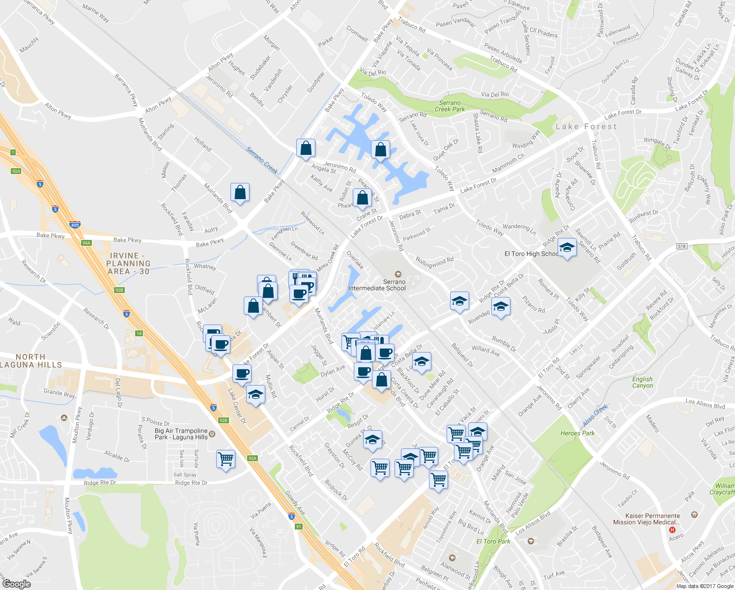 map of restaurants, bars, coffee shops, grocery stores, and more near 24352 Lake Shore Lane in Lake Forest