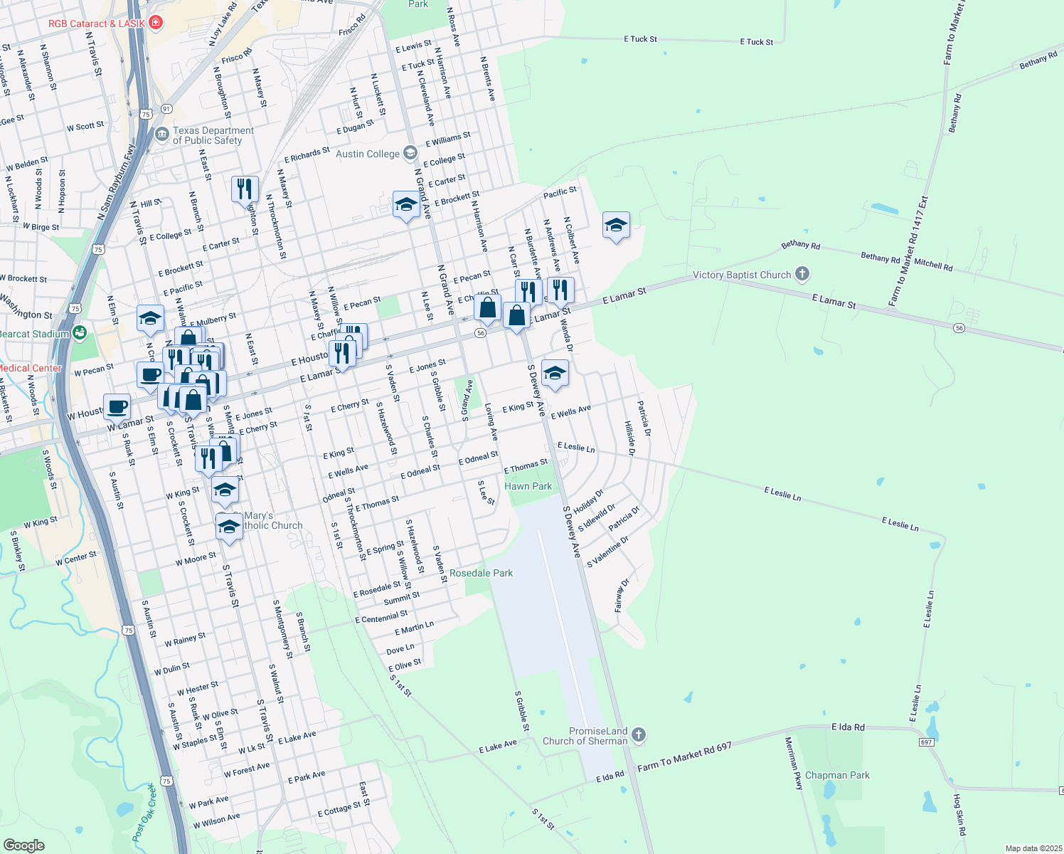 map of restaurants, bars, coffee shops, grocery stores, and more near 1704 East Wells Avenue in Sherman