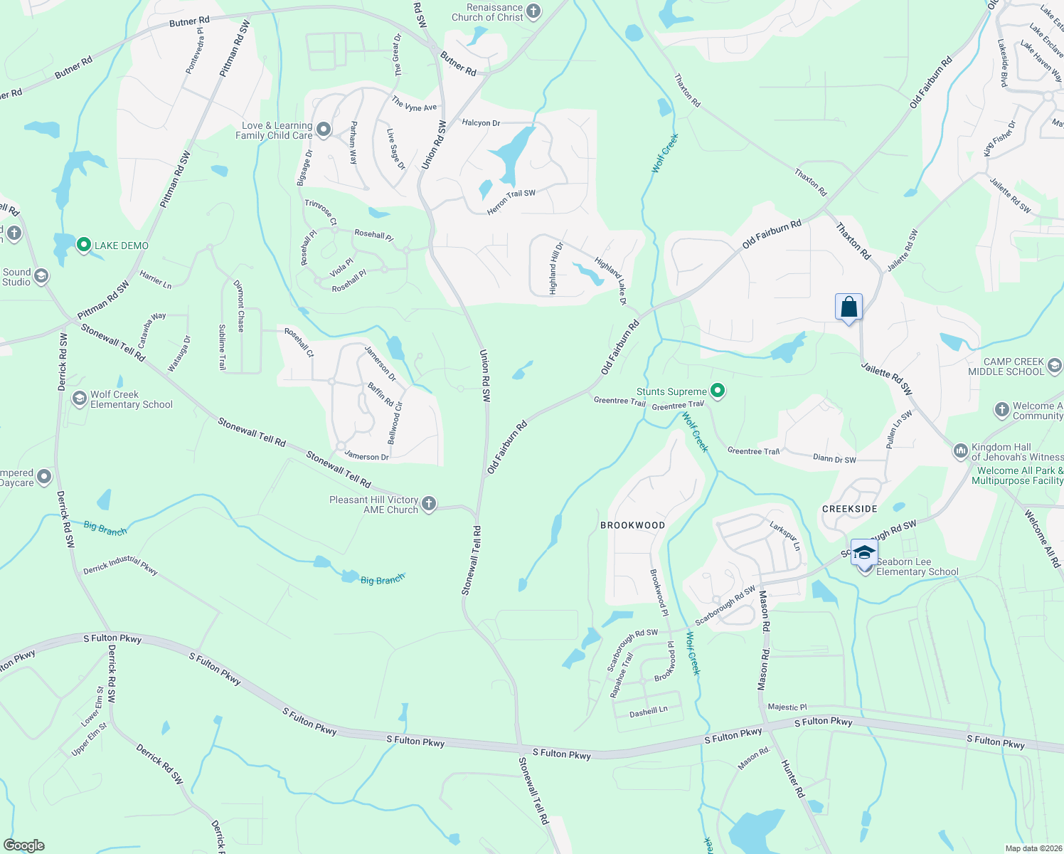 map of restaurants, bars, coffee shops, grocery stores, and more near 4420 Old Fairburn Road in Atlanta