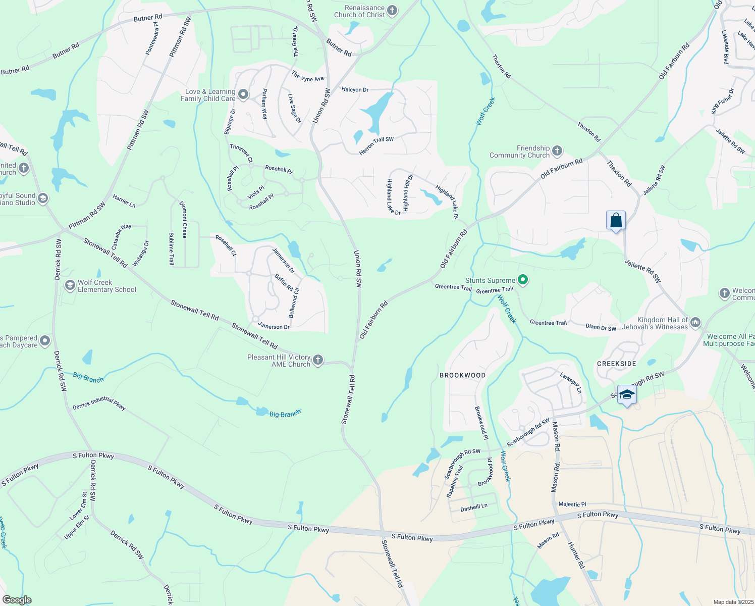 map of restaurants, bars, coffee shops, grocery stores, and more near 4435 Old Fairburn Road in College Park