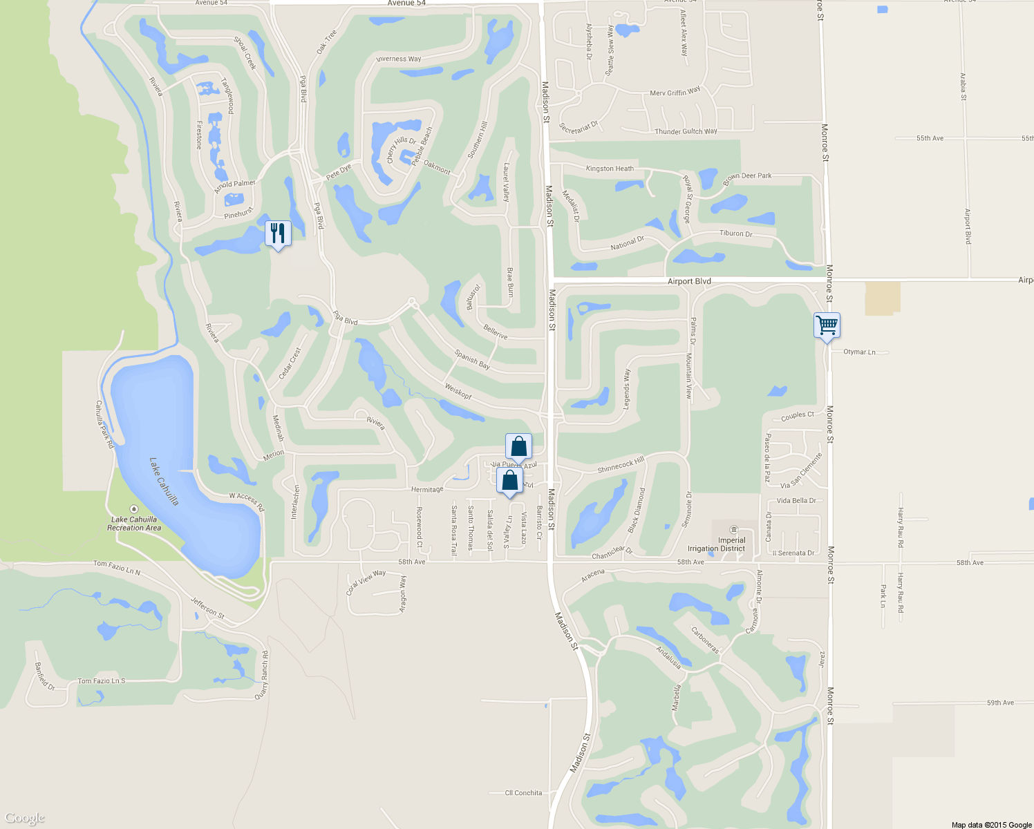 map of restaurants, bars, coffee shops, grocery stores, and more near 80915 Weiskopf in La Quinta
