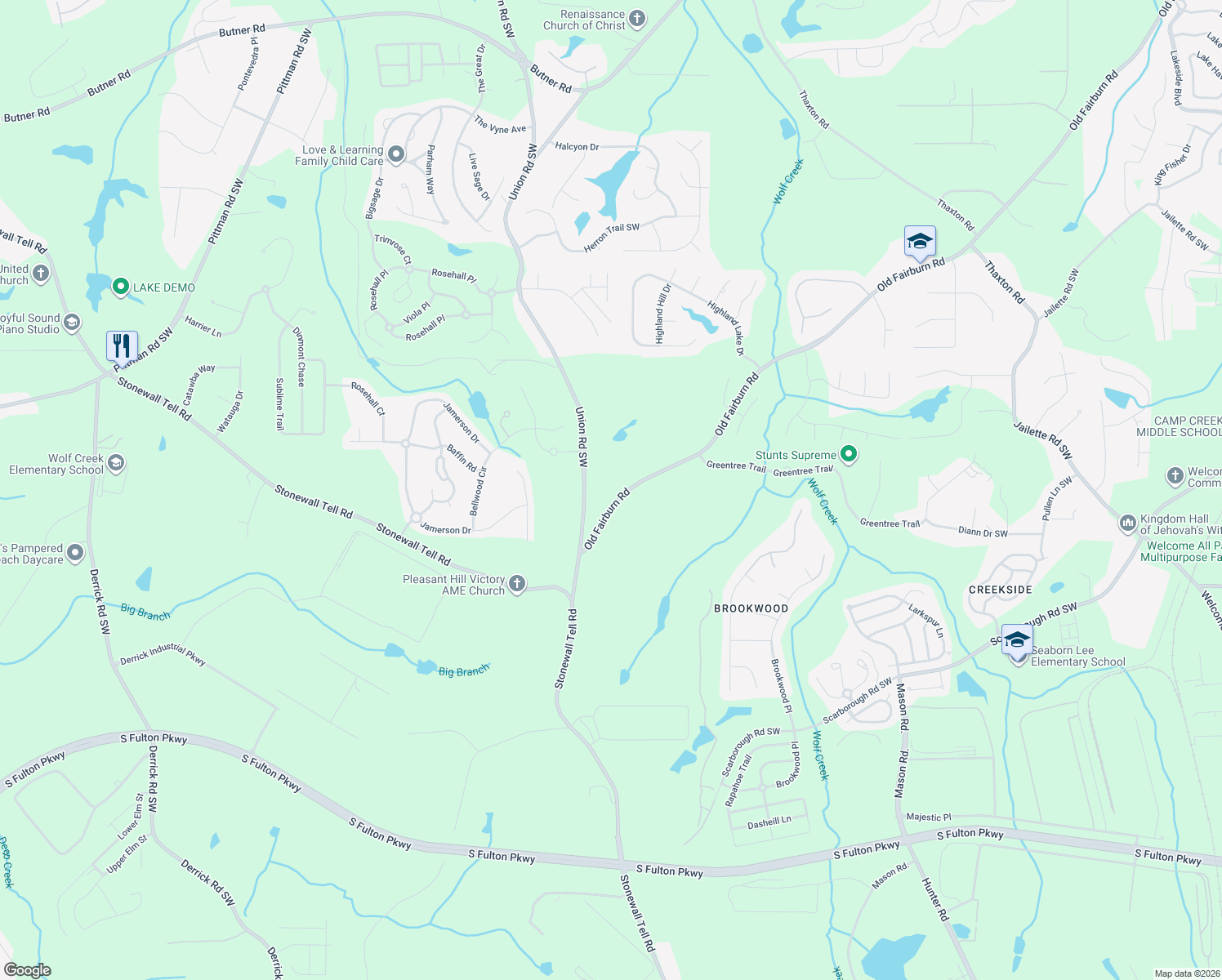 map of restaurants, bars, coffee shops, grocery stores, and more near 4475 Old Fairburn Road in College Park